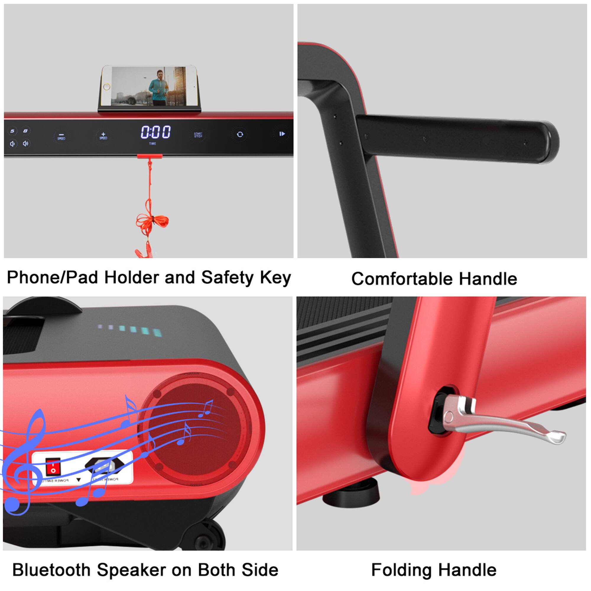 - Phone/Pad Holder and Safety Key
- Comfortable Handle
- Bluetooth Speaker on Both Side
- Folding Handle