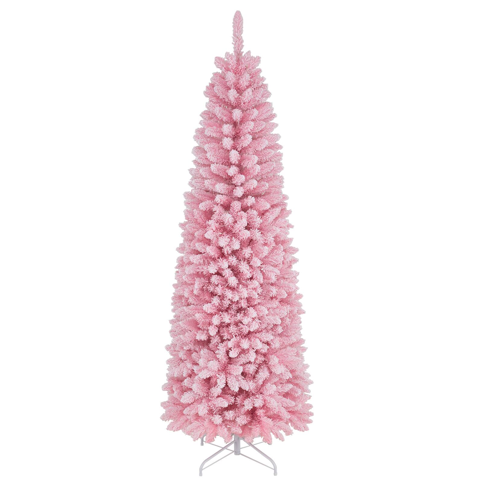 Alt View 9. Costway - 7 ft Pencil Christmas Tree 8 Lighting Modes Hinged - Pink/White.