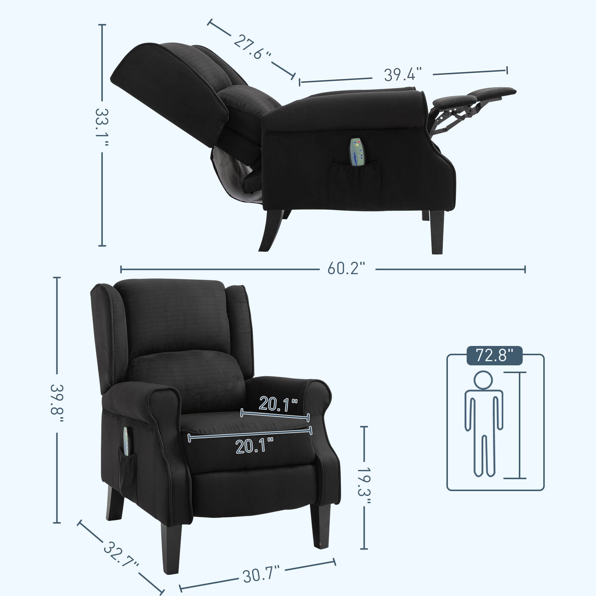 - Height: 33.1"
- Depth (reclined): 27.6"
- Width: 60.2"
- Armrest Width: 39.4"
- Seat Height: 20.1"
- Seat Depth: 20.1"
- Seat Width: 30.7"
- Overall Width: 72.8"
- Overall Depth: 39.8"
- Overall Height: 32.7"
- Back Height: 19.3"