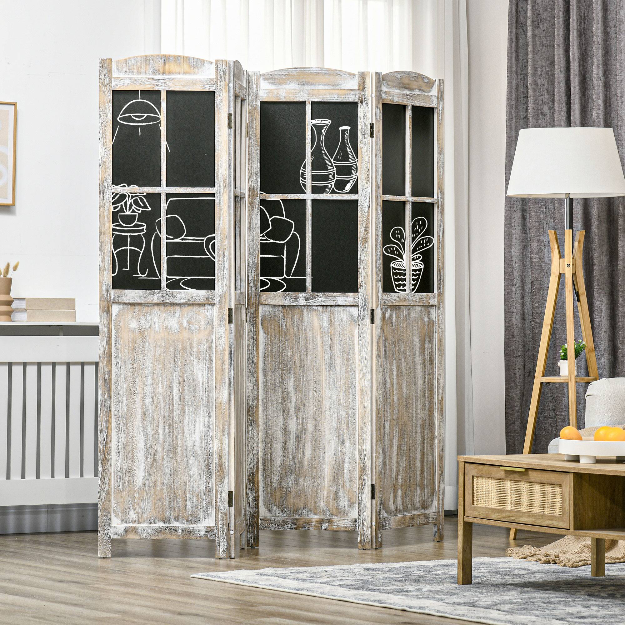 Alt View 6. Homcom - Panel Room Divider, 5.6' Tall Farmhouse Style Folding Indoor Portable Wood Privacy Screen with Black Boards - Natural Wood.