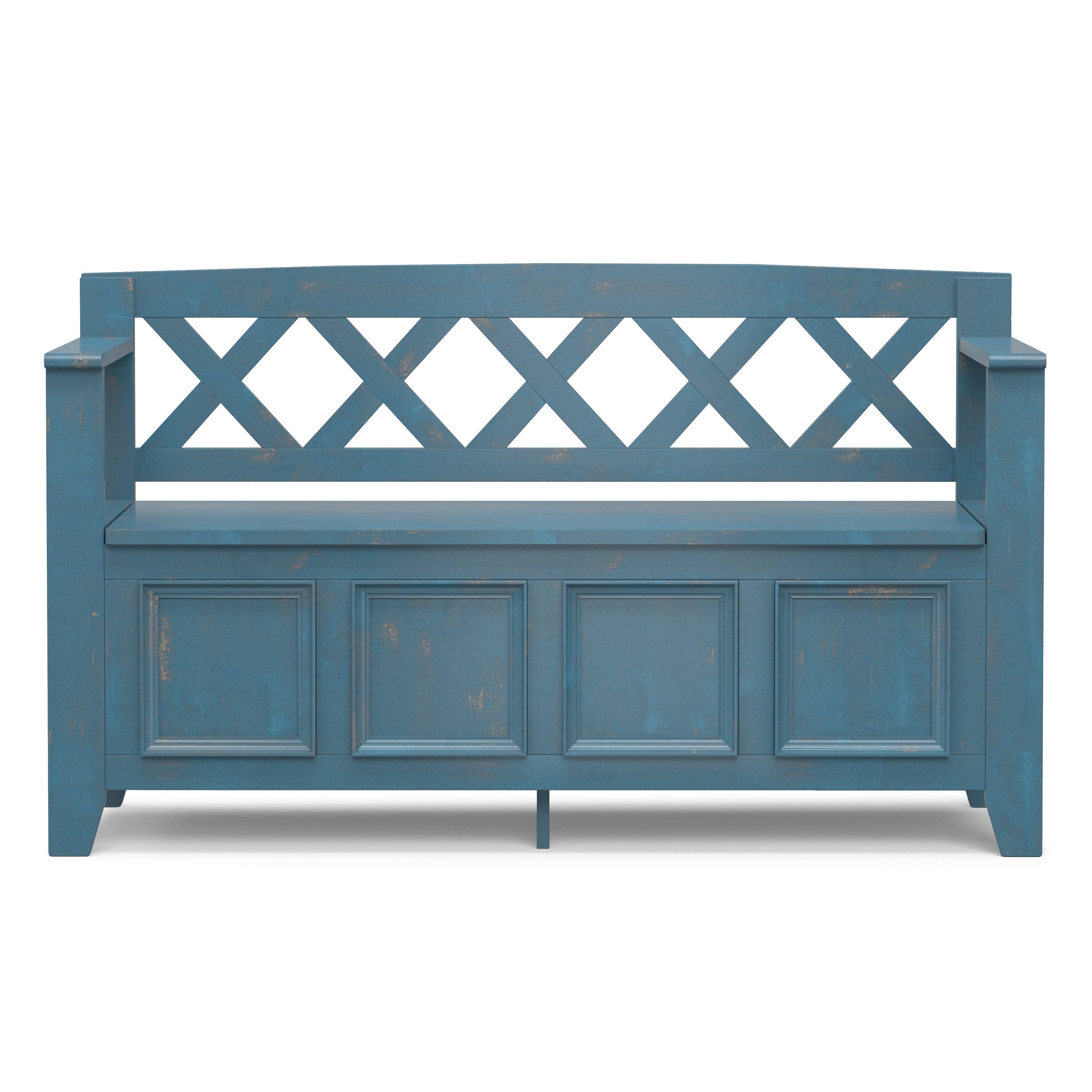 Left. Simpli Home - Amherst 48 inch Wide Solid Wood Transitional Entryway Bench in Distressed Coastal Blue - Distressed Coastal Blue.