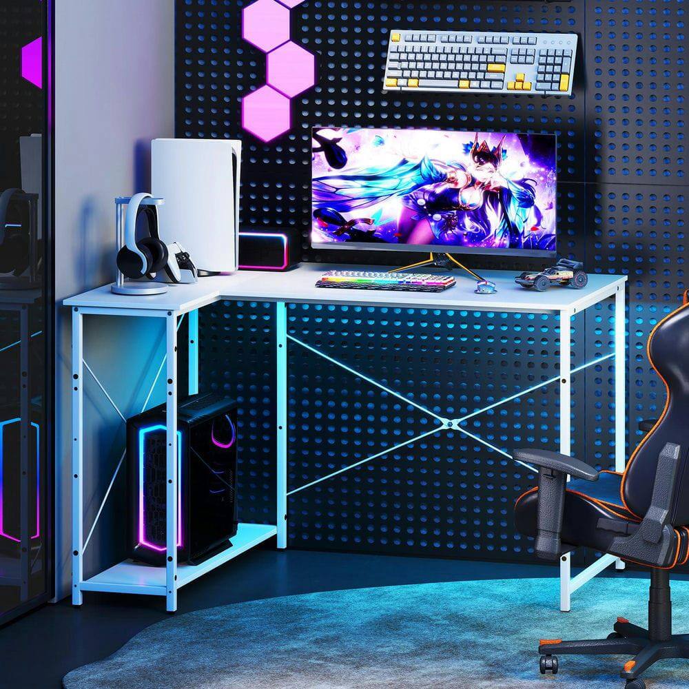 Back. Kadyn - 47-Inch Reversible L-Shaped Corner Desk - Adjustable Storage Shelves, White - White.