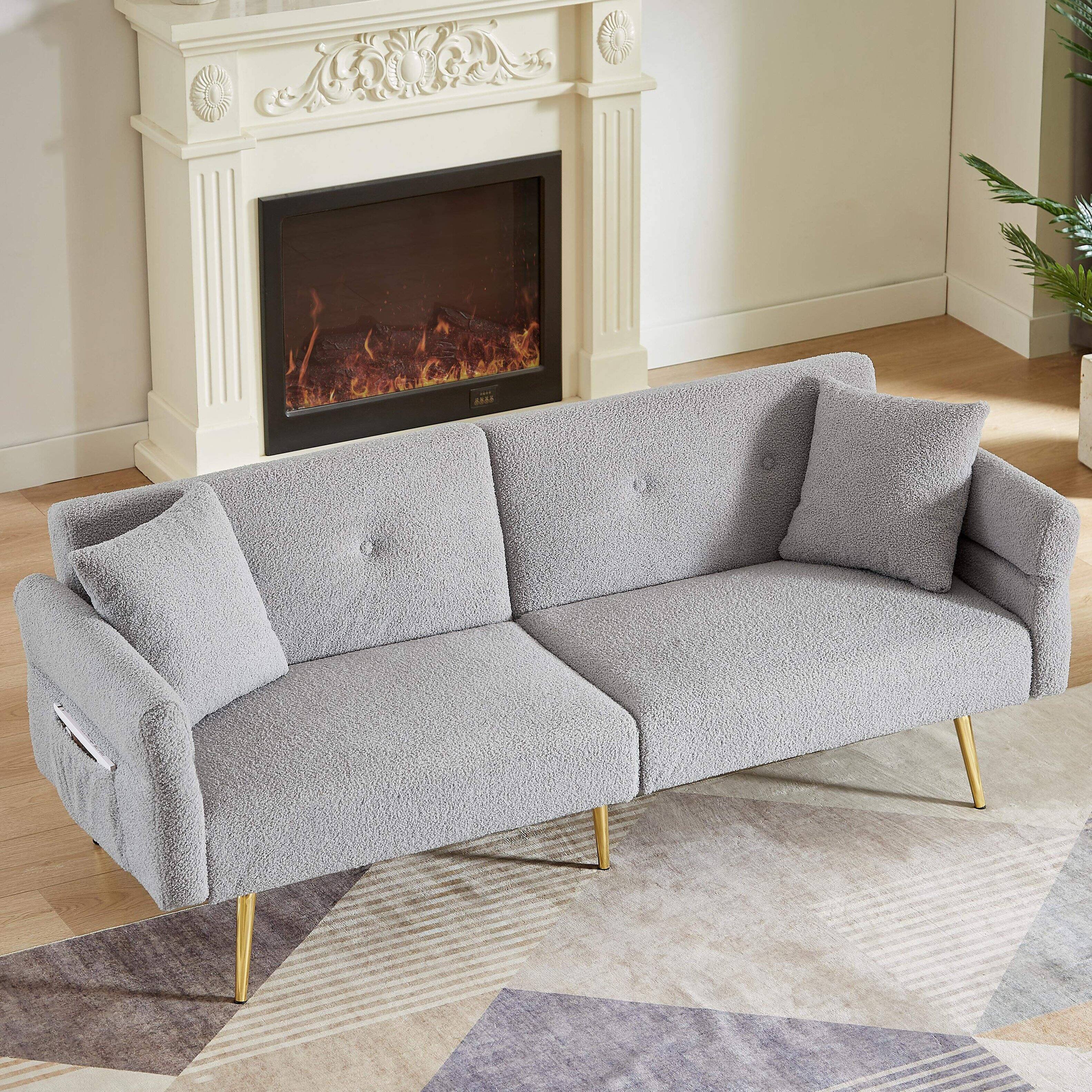 Alt View 1. Roomtec - Modern Teddy Upholstered Accent Loveseat Sofa With Side PocketFolding Sleeper Sofa Bed With Foldable Armrest Adjustable - Grey.