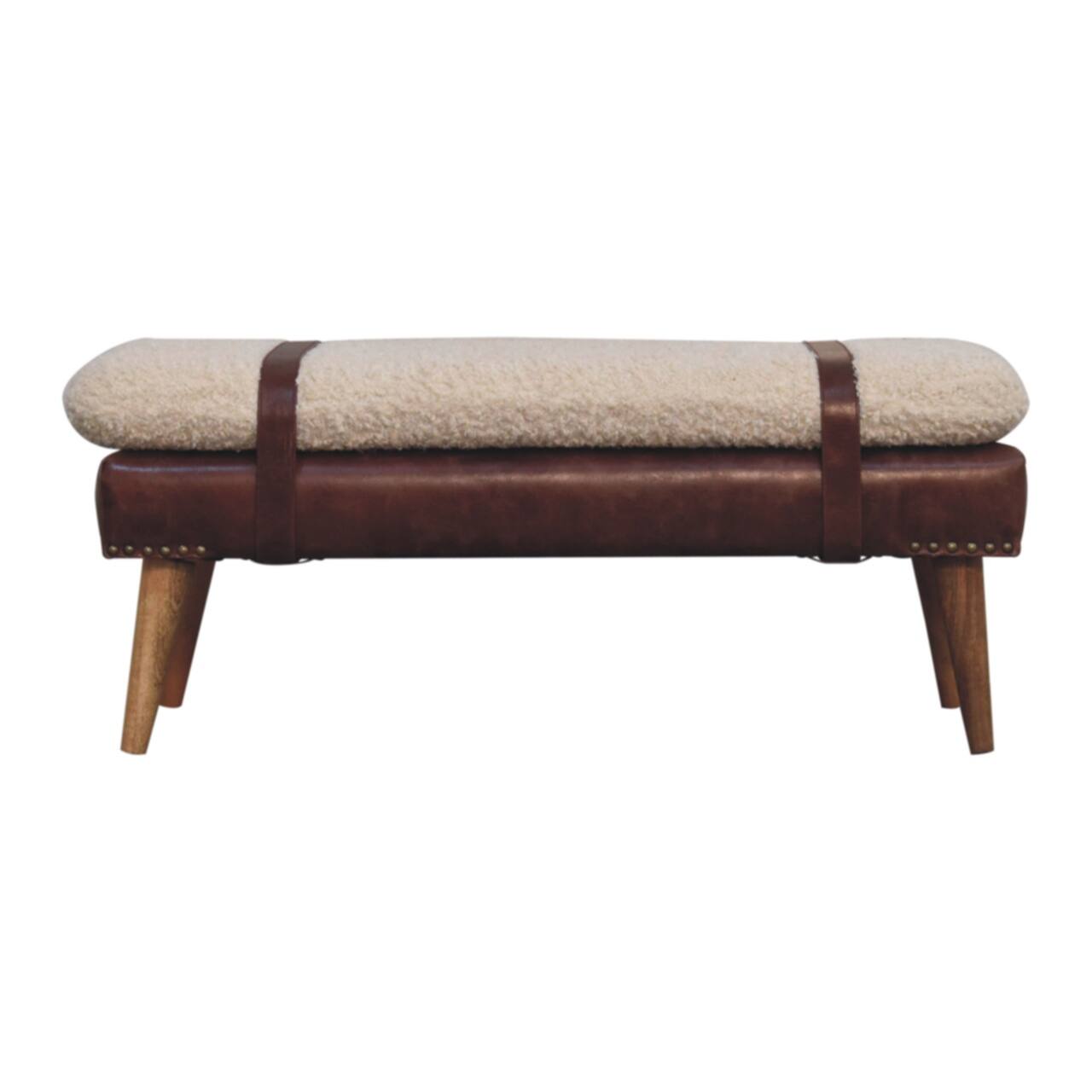 Alt View 5. Artisan Furniture - Artisan Furniture Solid Wood Boucle x Brown Leather Bench, Upholstered, Brown and Cream - Brown and Cream.