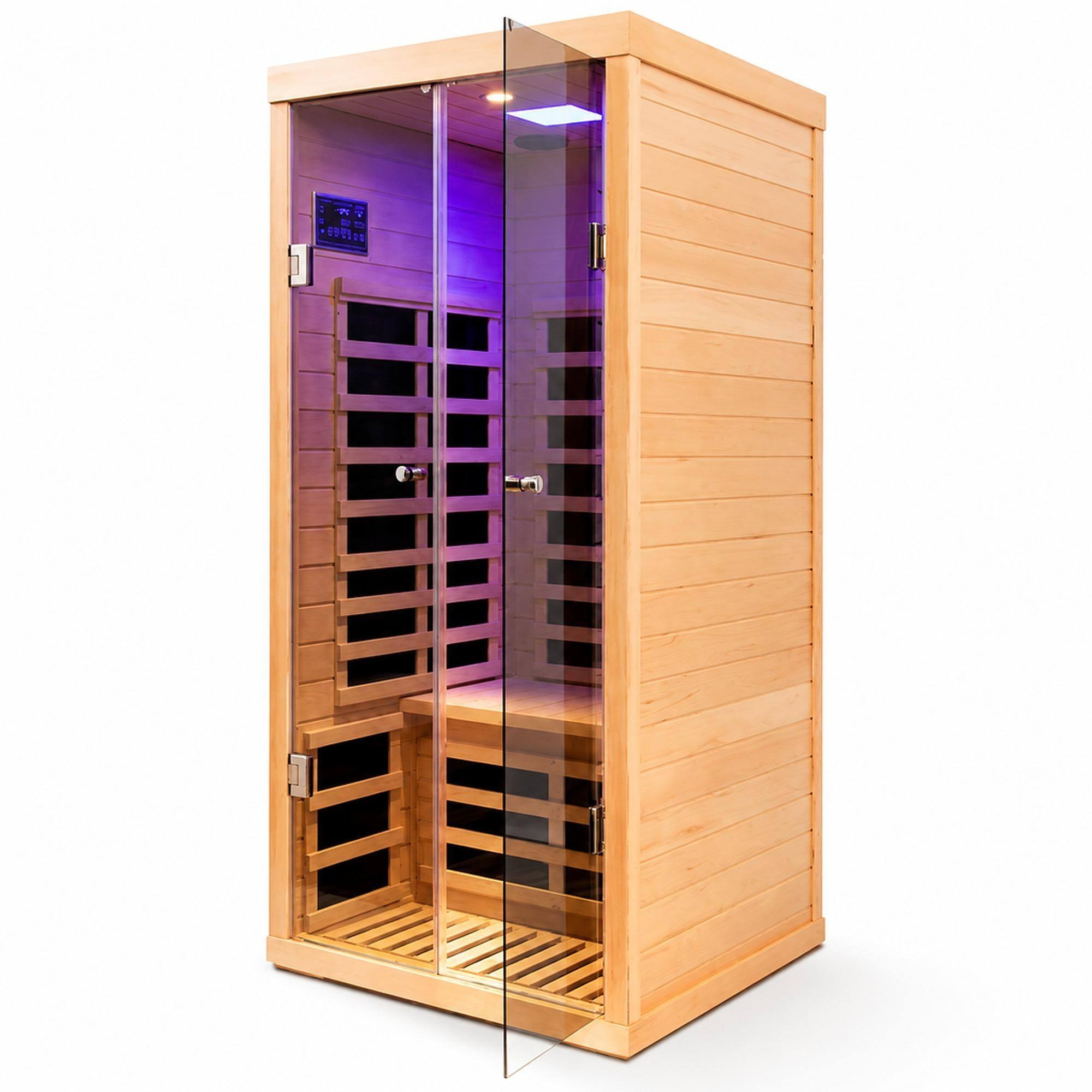 Front. RYHNUYNE - One Person Far-Infrared Sauna, Canadian Hemlock Wood, 1,760 W Carbon Crystal Heaters, Low EMF, Home Spa - Natural.