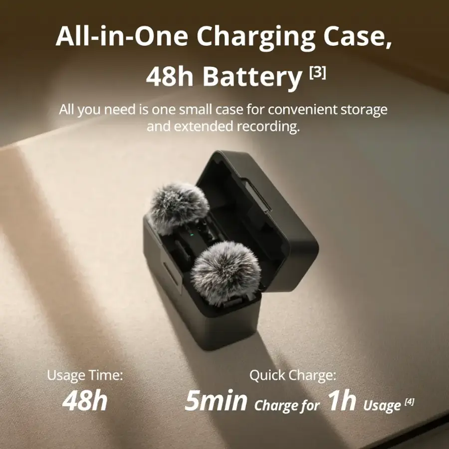 All-in-One Charging Case, 48h Battery [3] - All you need is one small case for convenient storage and extended recording. Usage Time: 48h - Quick Charge: 5min Charge for 1h Usage [4]