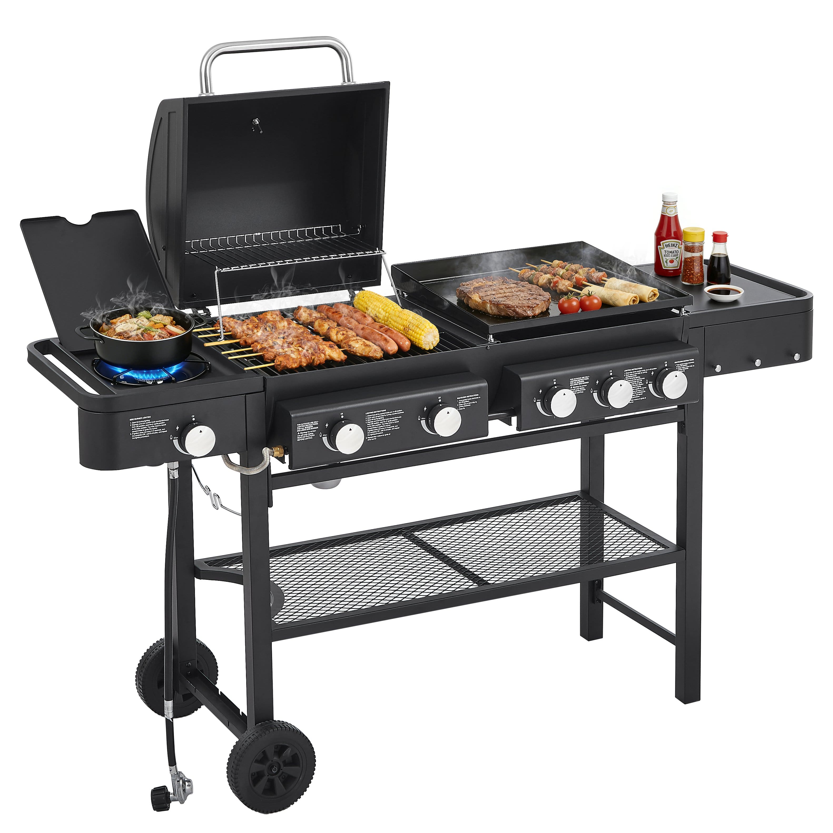 COWLOWN - 5 Burner All in One Propane Gas Grill and Griddle 56000 BTU 745 Sq In Heavy Duty Stand Black
