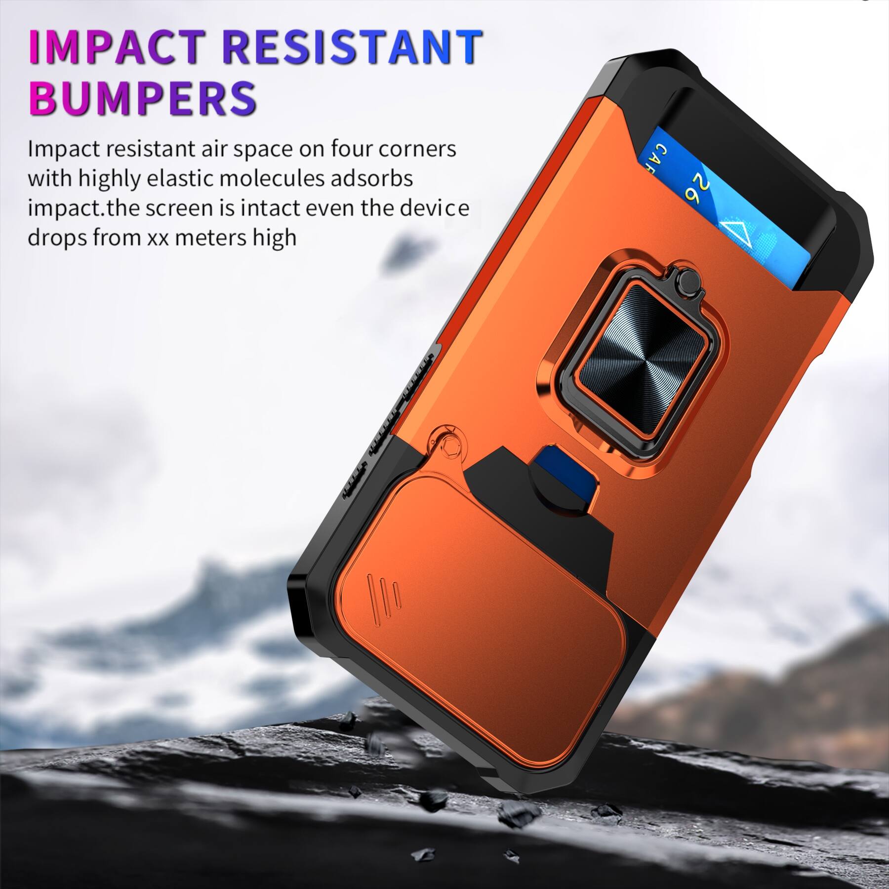 IMPACT RESISTANT BUMPERS

Impact resistant air space on four corners with highly elastic molecules adsorbs impact. The screen is intact even the device drops from xx meters high