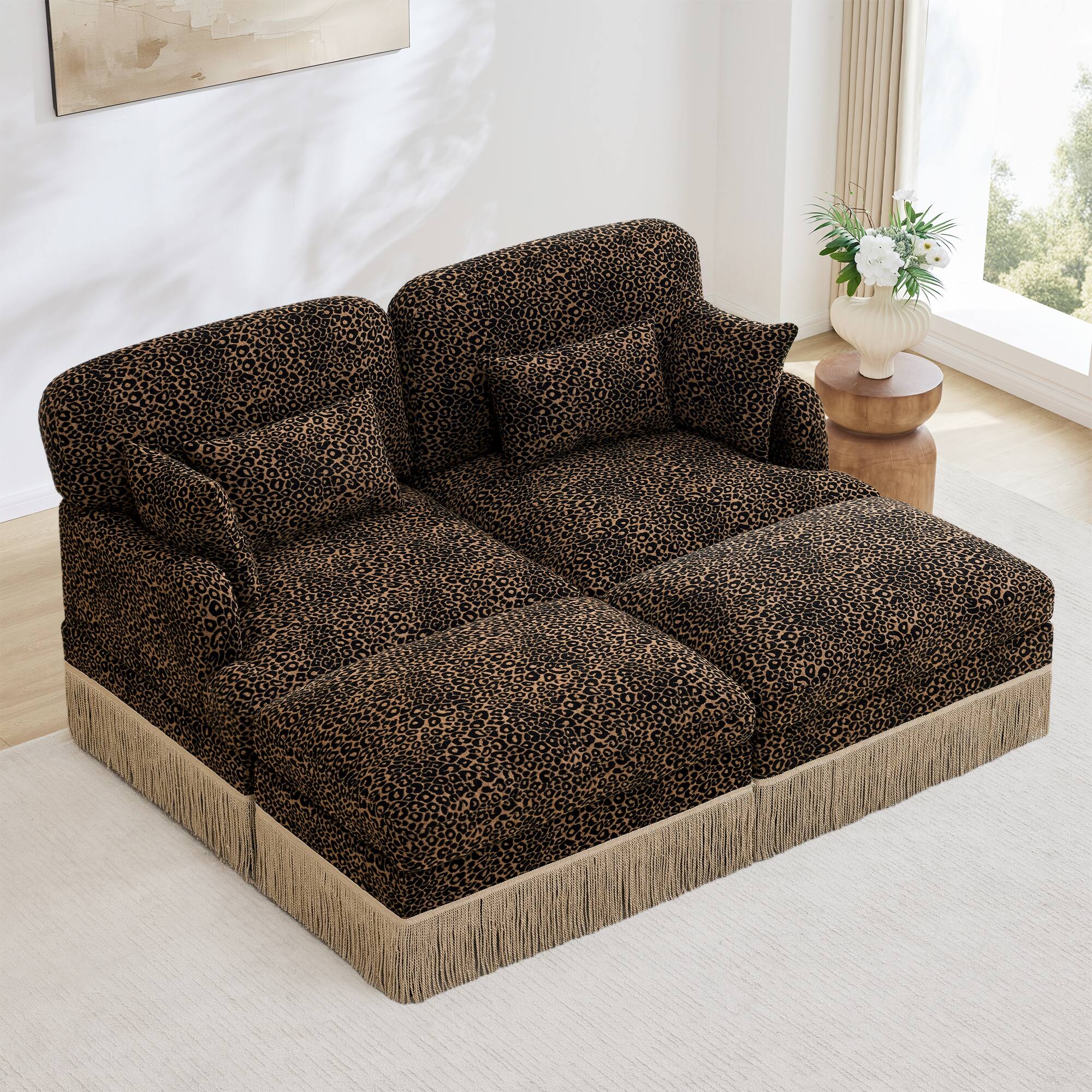 Angle. Anysun - Modular Comfy Leopard Printing Loveseat with Exquisite Tassel Trimmings and 2 Movable Ottomans - Brown.