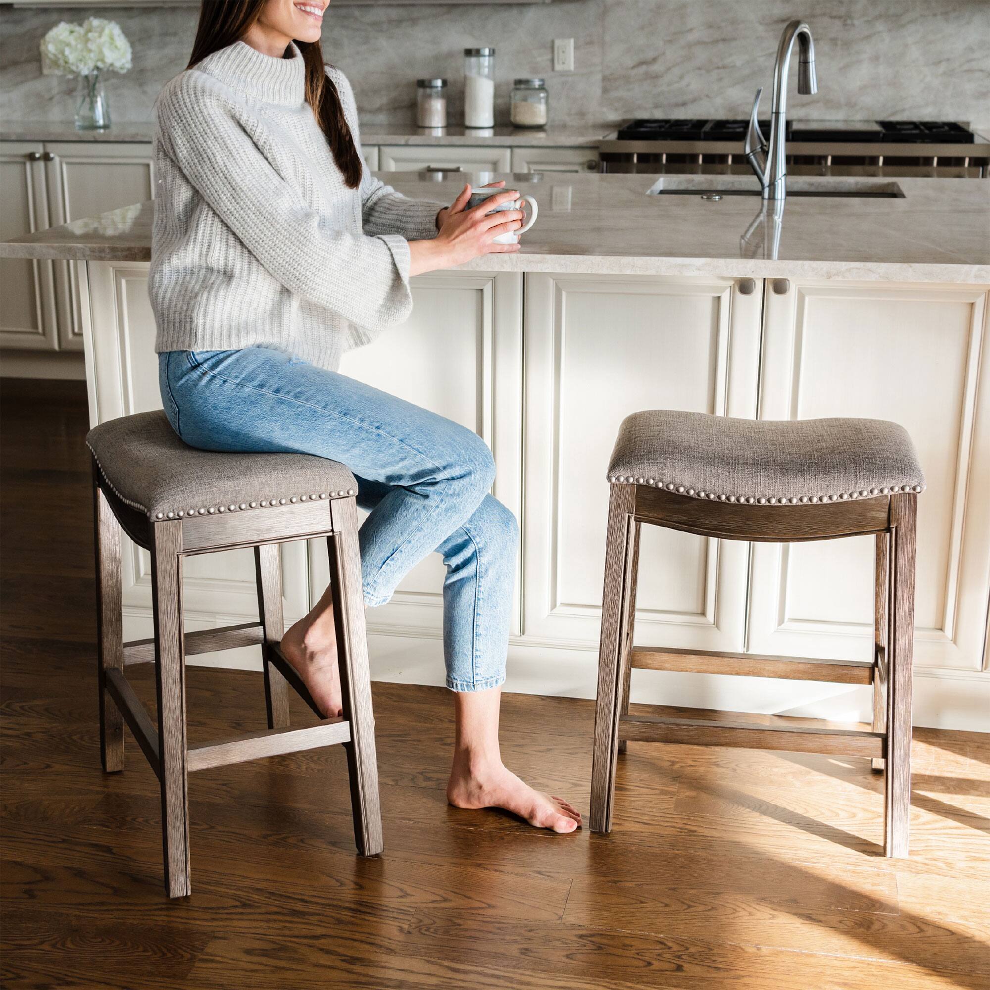 Alt View 10. Maven Lane - Maven Lane Adrien Backless Saddle Kitchen Bar Stool, Walnut Finish, Set of 2 - Walnut.