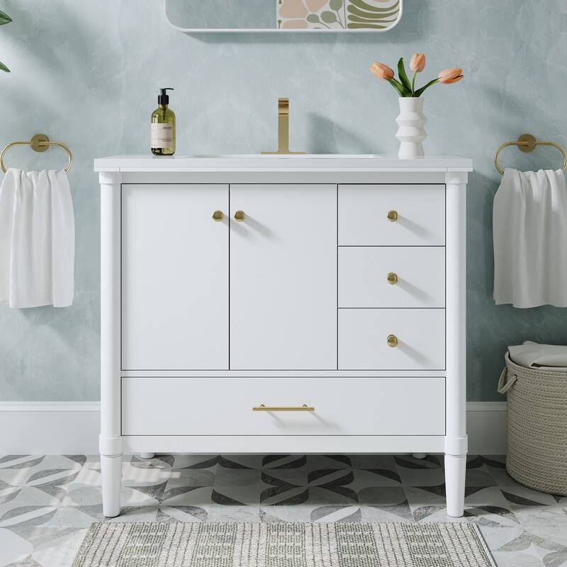 Front. WELLFOR - 36" Freestanding Bathroom Vanity with Single Sink，Solid Wood Bath Vanity with Soft-Close Doors & Drawer - White.