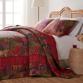 Greenland Home Fashions - Jewel Cotton Kantha Quilted Bedspread Set - Jumbo Sized Reversible Quilt Set 3-Piece Queen Red - Multicolor