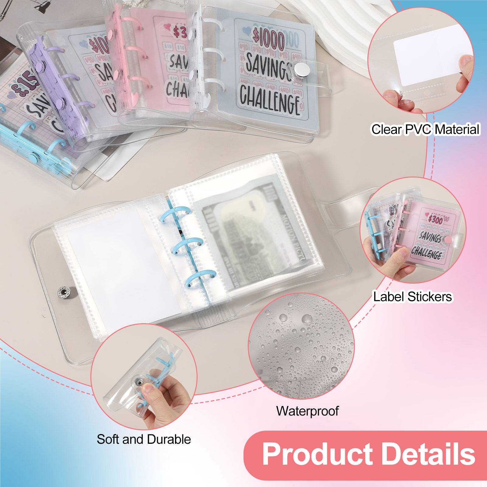 $15 SAV $10 V0 P SA AN C $3 $16 $10 SAV 41 CHA 1D $1000 VHD 100 190 14 1 SAVINGS N ARD AT CHALLENGE

Clear PVC Material

P $300 D SAVINGS CHALLENGE

Label Stickers

Waterproof

Soft and Durable

Product Details