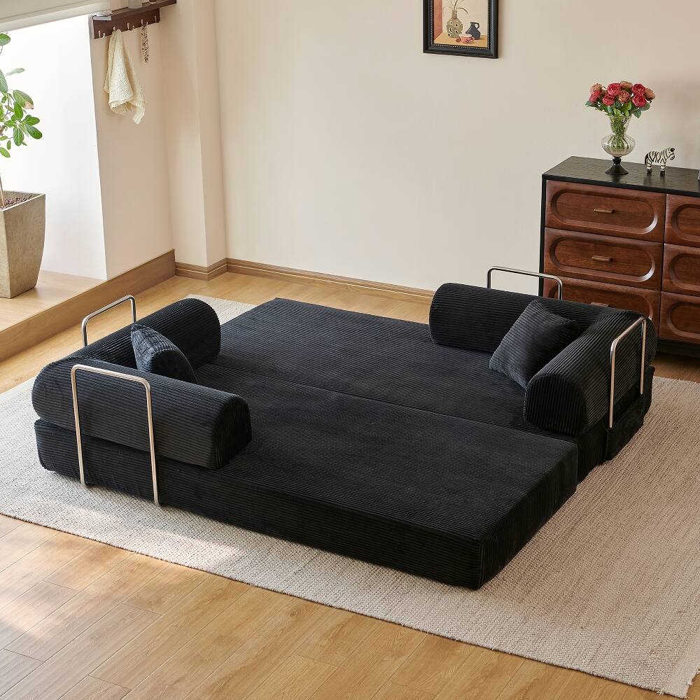 Alt View 2. Loheer - Loheer 78.8" Compression Sofa Convertible Floor Sofa Bed Black Corduroy Futon Couch Sleeper Modular Sectional Sofa - Black.