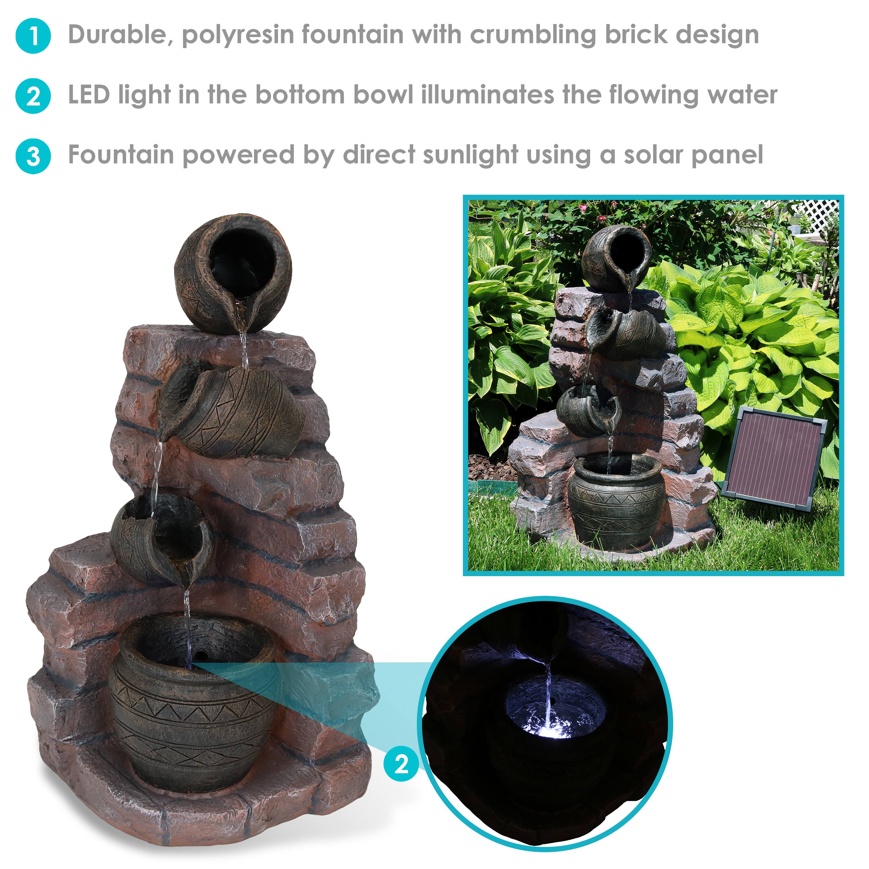 1. Durable, polyresin fountain with crumbling brick design  
2. LED light in the bottom bowl illuminates the flowing water  
3. Fountain powered by direct sunlight using a solar panel