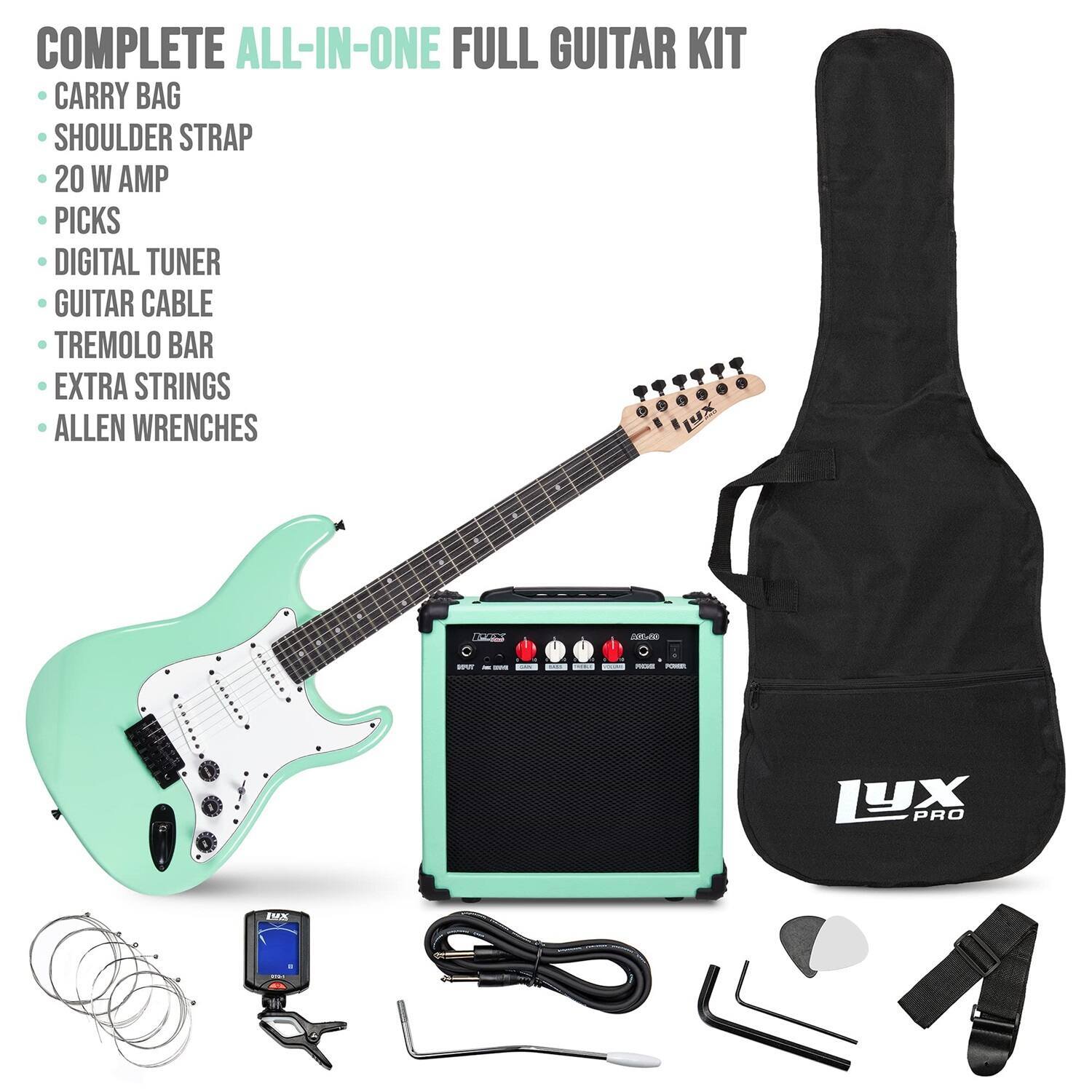 COMPLETE ALL-IN-ONE FULL GUITAR KIT
CARRY BAG
SHOULDER STRAP
20 W AMP
PICKS
DIGITAL TUNER
GUITAR CABLE
TREMOLO BAR
EXTRA STRINGS
ALLEN WRENCHES
A 2 C - I - DAO C - LX PRO MN