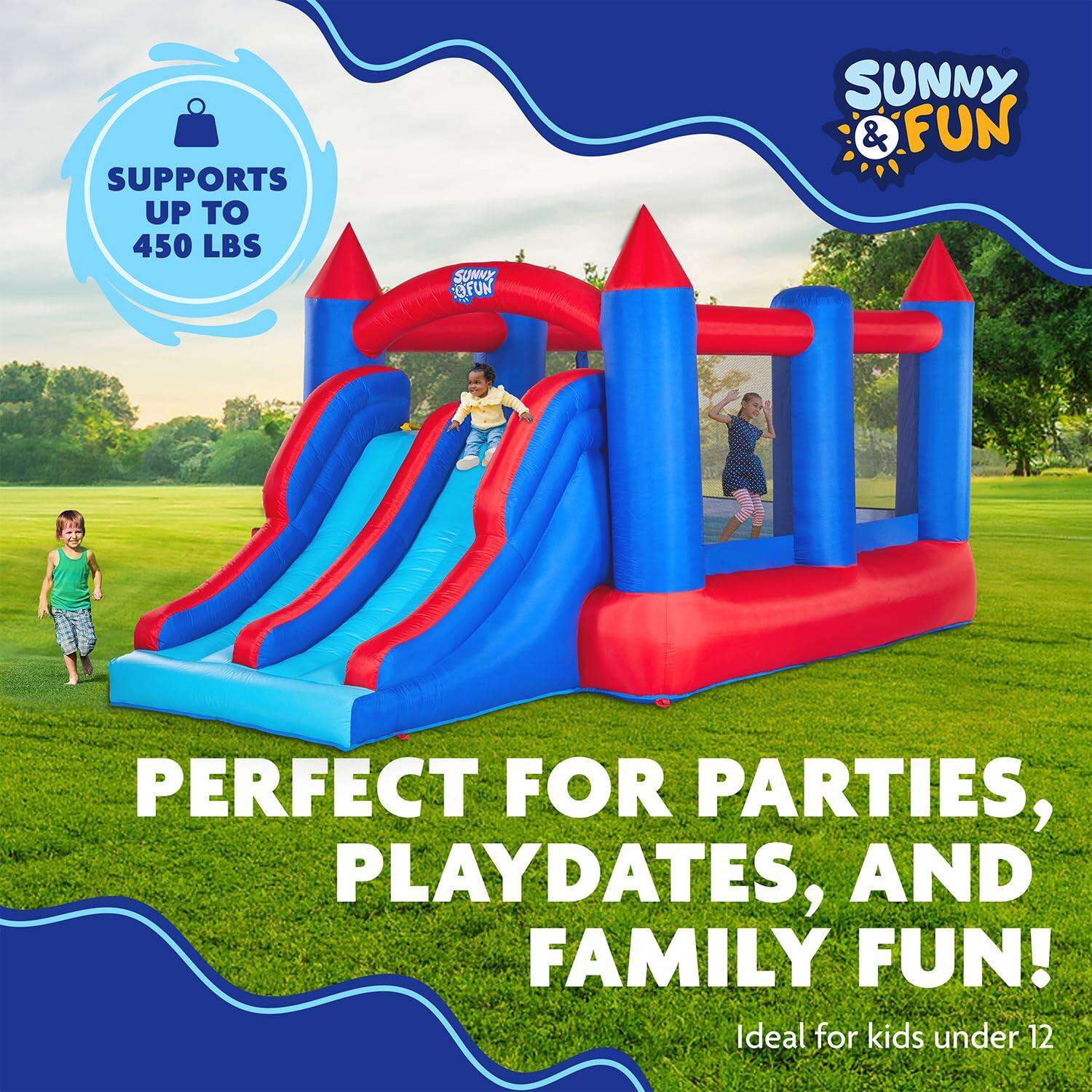 SUNNY & FUN, SUPPORTS UP TO 450 LBS, PERFECT FOR PARTIES, PLAYDATES, AND FAMILY FUN! Ideal for kids under 12