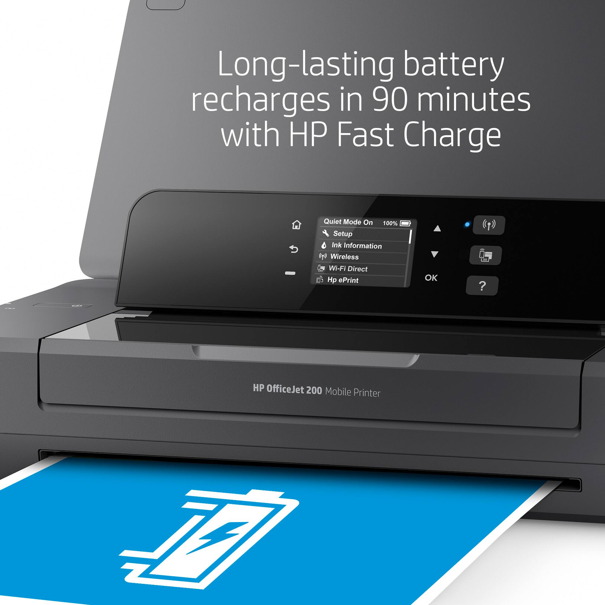 Long-lasting battery recharges in 90 minutes with HP Fast Charge

Quiet Mode On 100%
Setup
Ink Information
Wireless
Wi-Fi Direct
Hp ePrint
OK
?