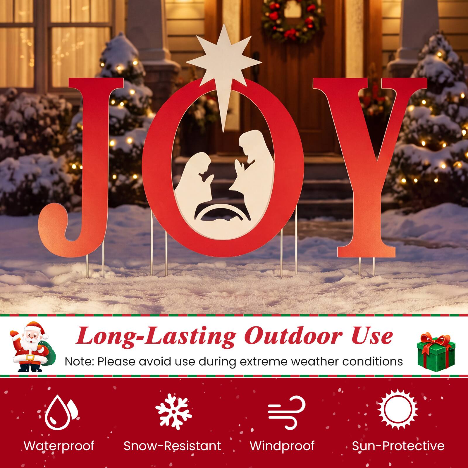 JOY

Long-Lasting Outdoor Use
Note: Please avoid use during extreme weather conditions

Waterproof
Snow-Resistant
Windproof
Sun-Protective