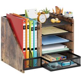 Dapper Styles - 5-tier Paper Letter Tray Organizer With Drawer And Pen Holder Mesh Desktop Storage Magazine For Office Supp - Wood-Brown