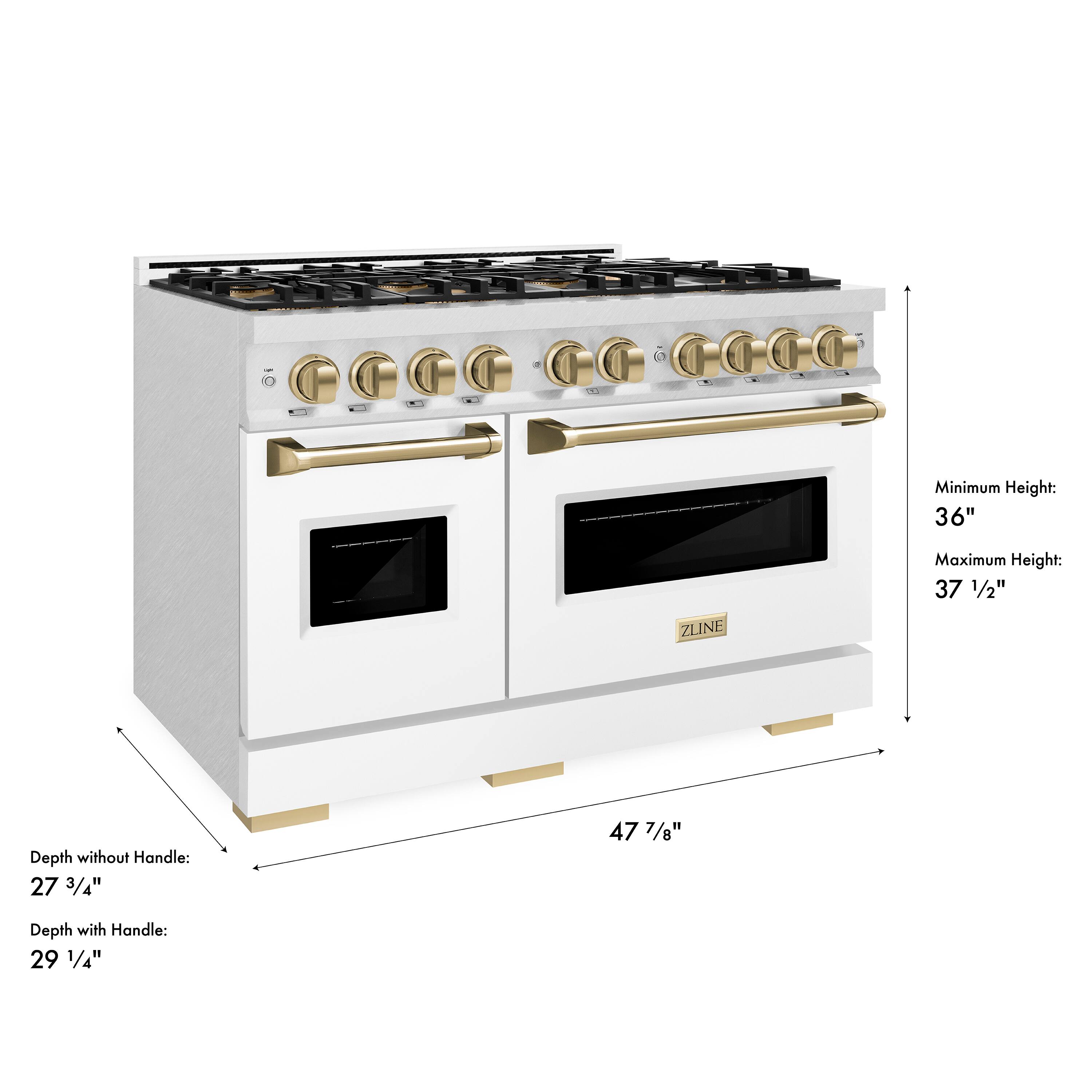 Minimum Height: 36"  
Maximum Height: 37 1/2"  
ZLINE Depth without Handle: 27 3/4"  
Depth with Handle: 29 1/4"