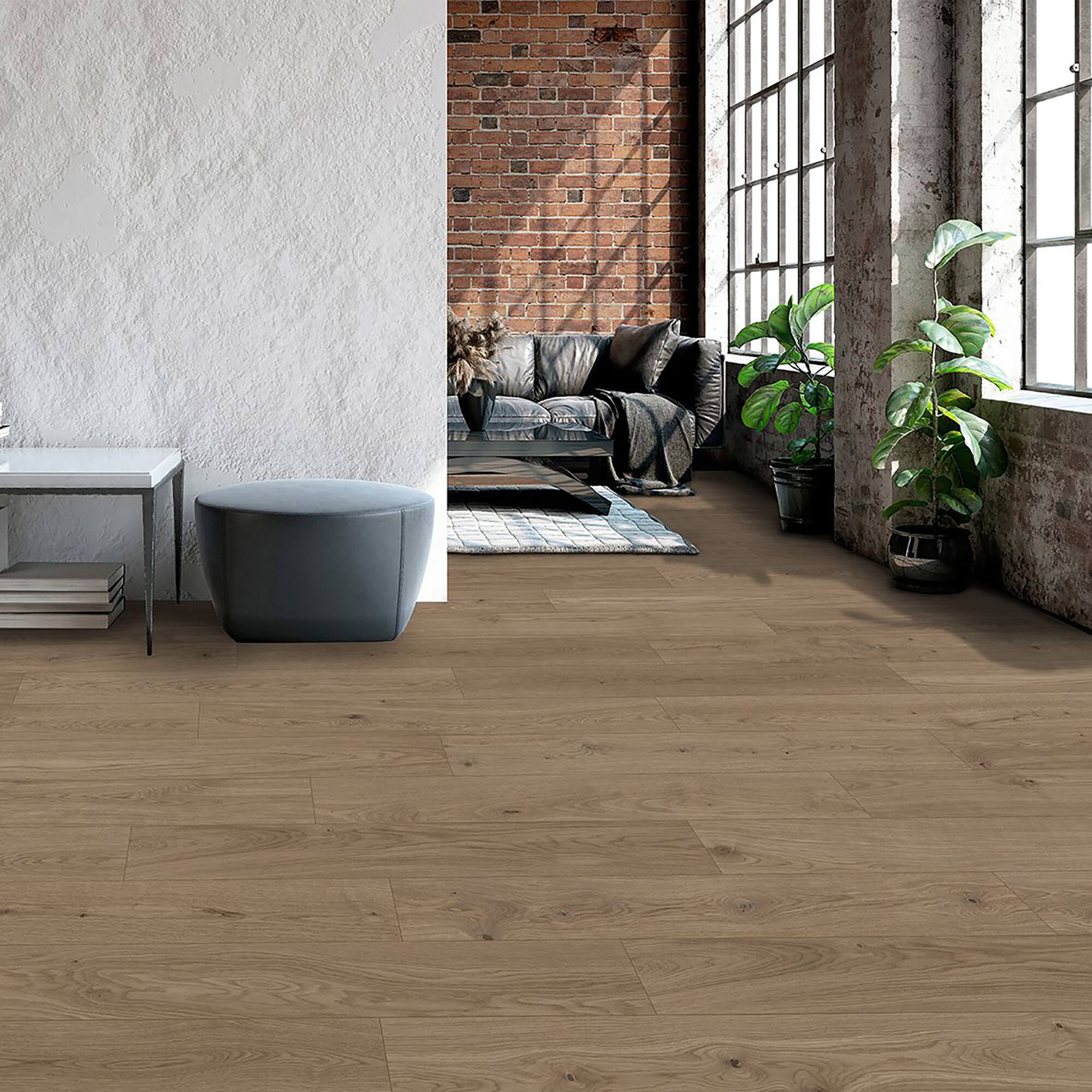 Angle. Dotfloor - Superoak SEKET Laminate Flooring - 48"x7.7" Planks, 8 Planks/Box (20.56 sq ft/Box), 12mm Thick, AC4 Wear Rating - Plain Driftwood.