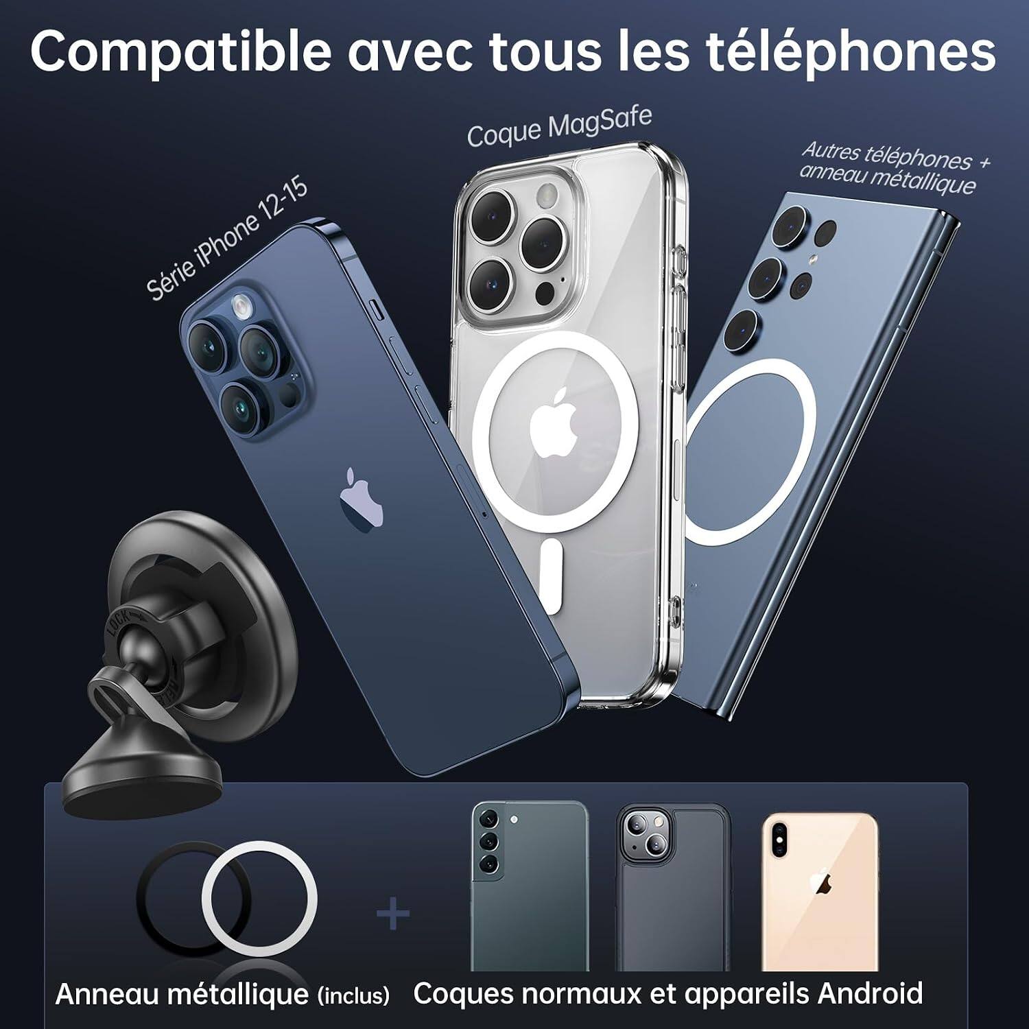 Compatible avec tous les téléphones  
Coque MagSafe  
Autres téléphones + anneau métallique  
Série iPhone 12-15  

Anneau métallique (inclus)  
Coques normaux et appareils Android