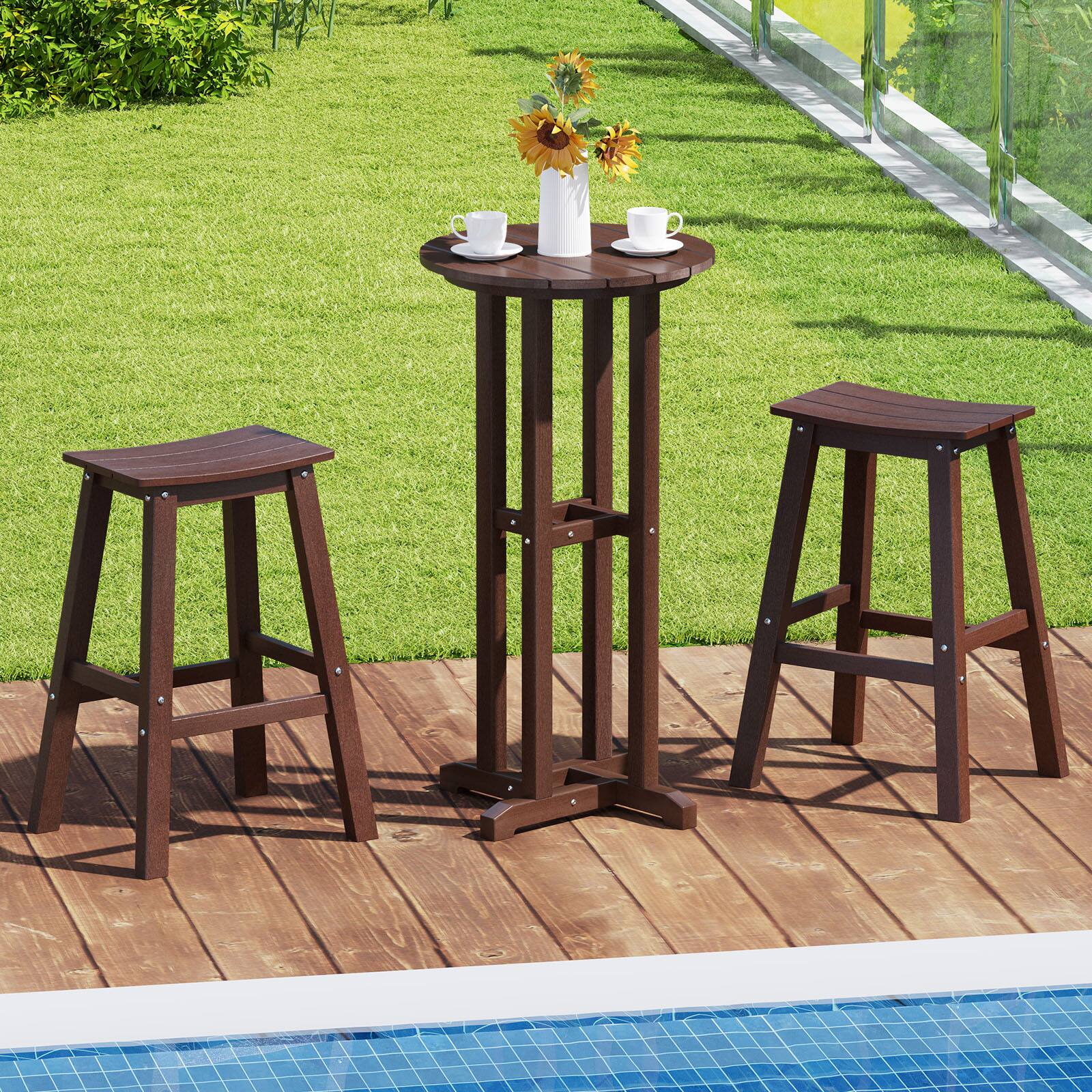 Alt View 1. Gymax - Gymax 3PCS Outdoor HDPE Bar Table & Chair Set for 2 w/ Footrests for Garden Yard Pool - Brown.
