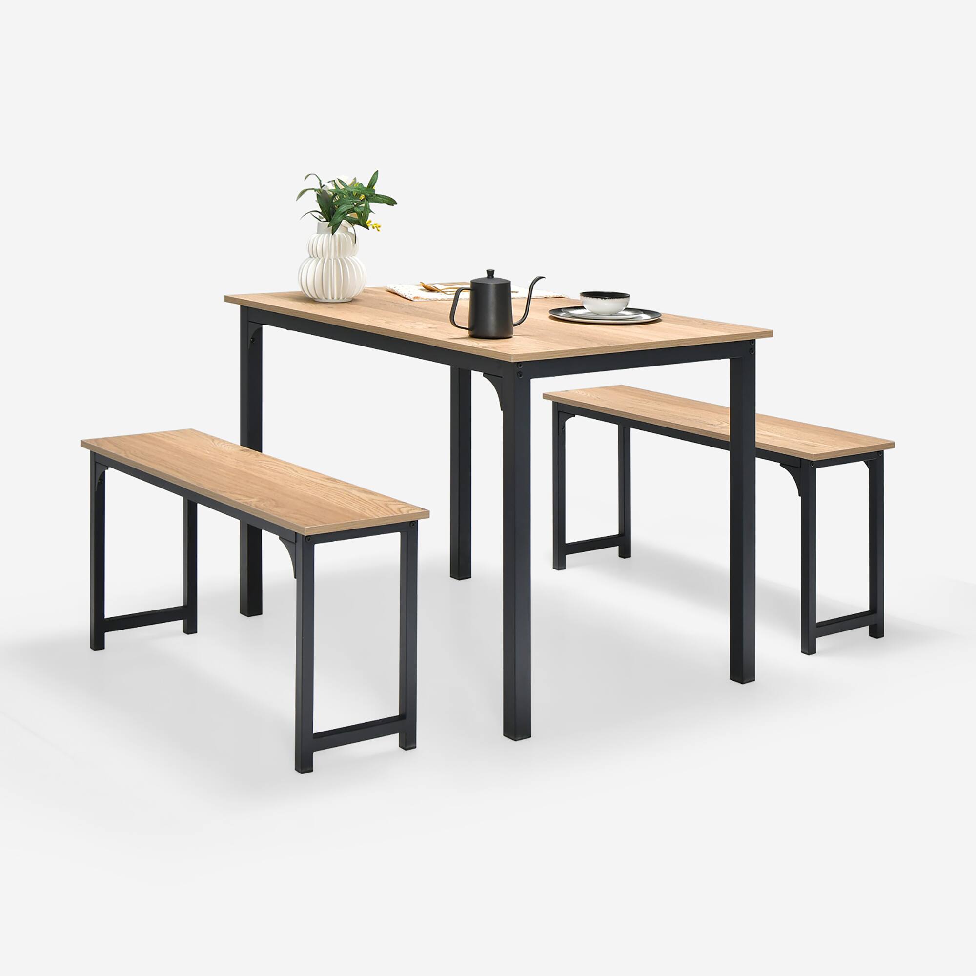 Alt View 1. Costway - 3pcs Dining Table Set Modern Studio Collection Table and 2 Bench Nature - Nature and Black.