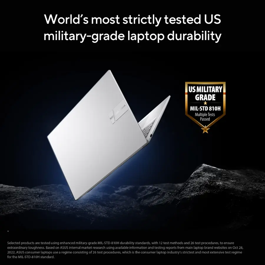 World's most strictly tested US military-grade laptop durability.

Selected products are tested using enhanced military-grade MIL-STD-810H durability standards, with 12 test methods and 26 test procedures, to ensure extraordinary toughness. Based on ASUS internal market research using available information and testing reports from main laptop brand websites on Oct 28. 2022. ASUS consumer laptops use a regime consisting of 26 test procedures, which is the consumer laptop industry's strictest and most extensive test regime for the MIL-STD-810H standard.