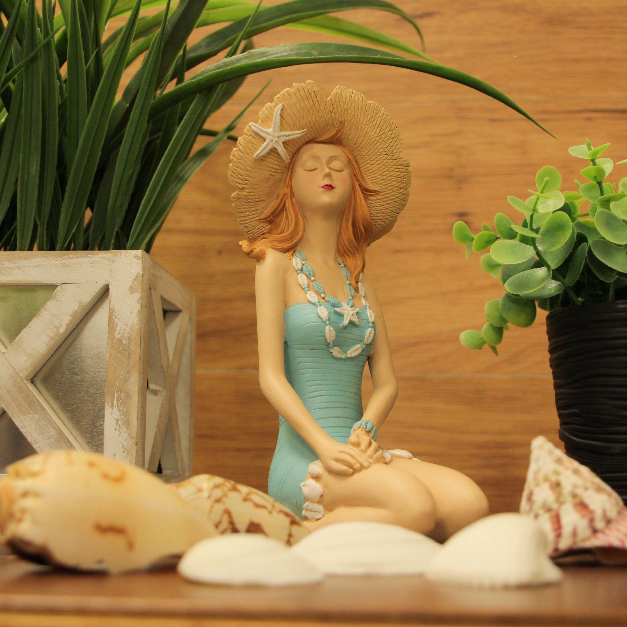 Alt View 3. Fancy That - Charming Redhead Bathing Beauty Figurine – 7.75", Straw Hat, Coastal Decor - Teal.