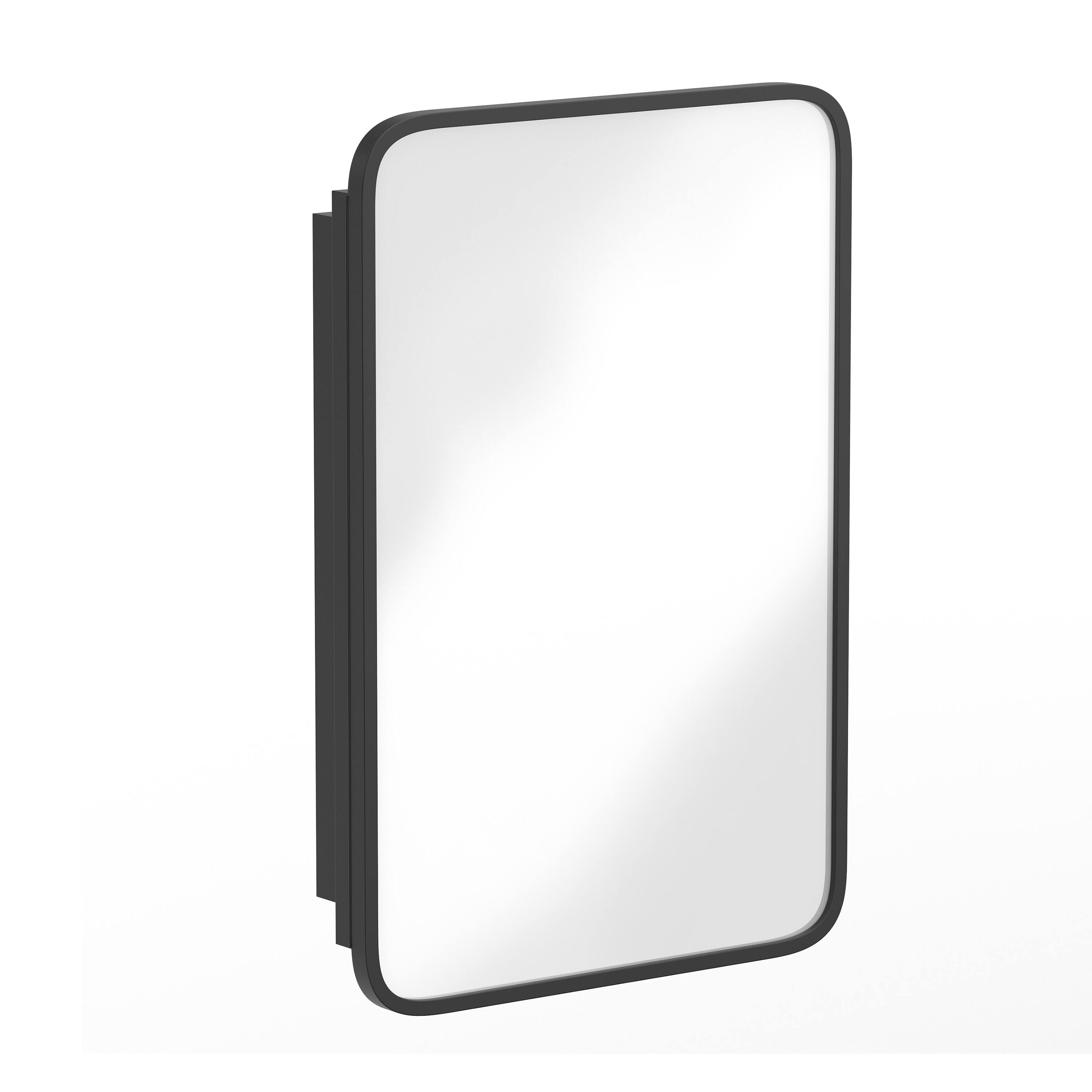 Alt View 1. Emma + Oliver - Jackie Metal Framed Bathroom Medicine Cabinet with Reversible, Recessed Design and Beveled Rounded Mirror - Black.
