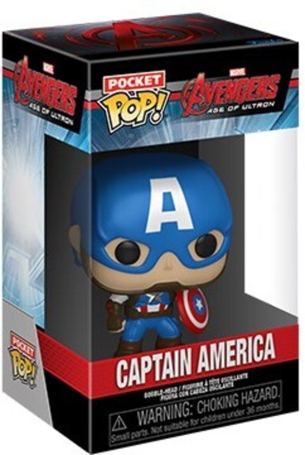 POCKET POP! AVENGERS ASE OF ULTRON A POCIT POP! CAPTAIN AMERICA SORLANTE CAPEA ncu 0~ CON HAZARD. WARNING: CHOKING under 36 months for children Not Suitable for children under 36 months