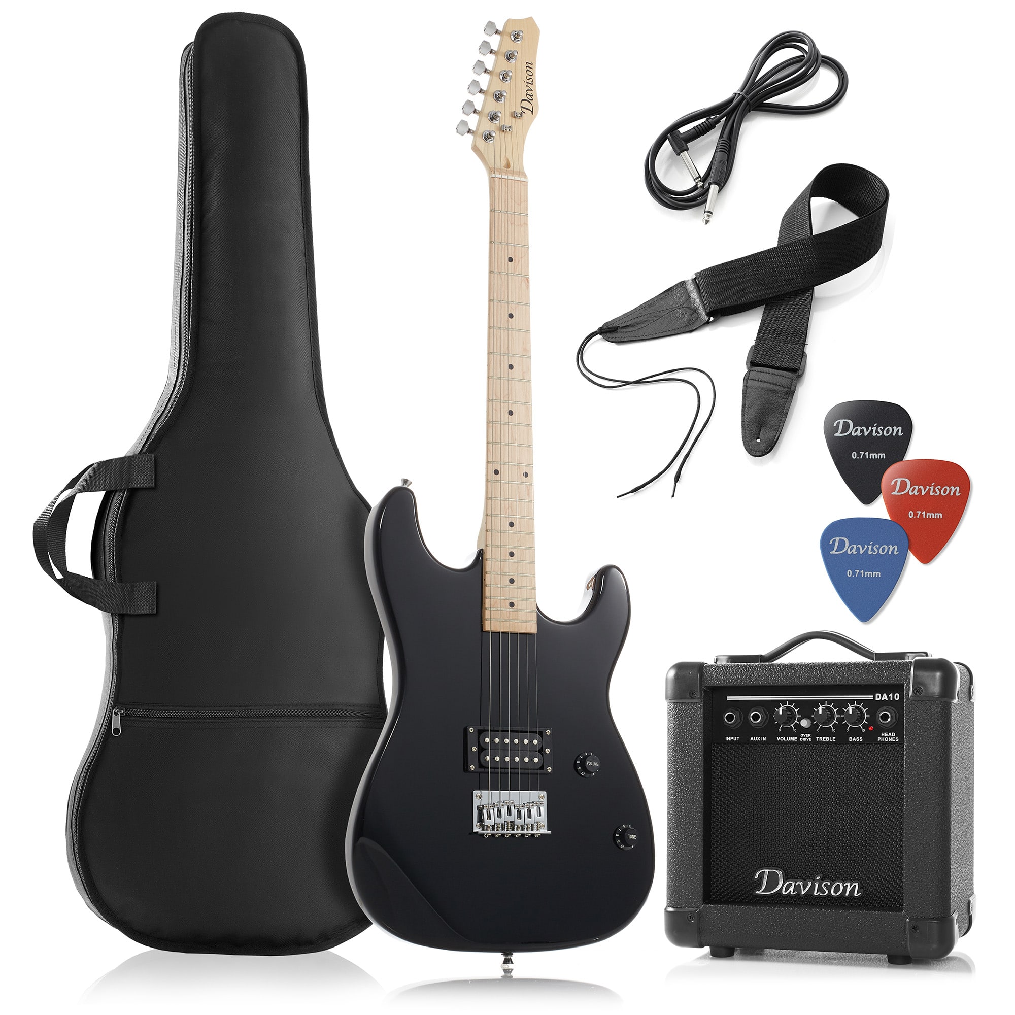 Davison Guitars - 39-in Electric Guitar with 10-Watt Amp - Right Handed Beginner Kit - Black