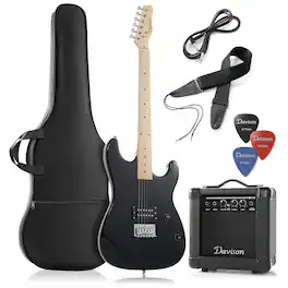 Davison Guitars - 39-in Electric Guitar with 10-Watt Amp - Right Handed Beginner Kit - Black