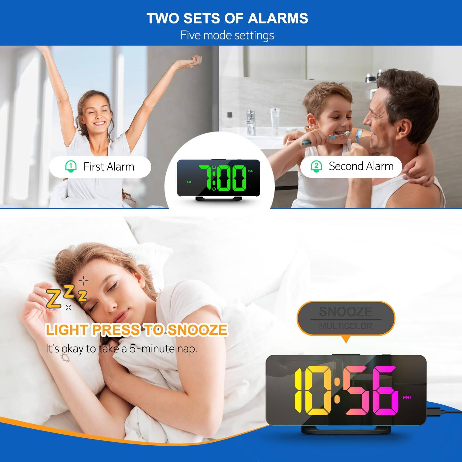 Back. Dazzed Corner - Digital Alarm Clock, Large LED Digital Clock,USB Charging Port - Black.