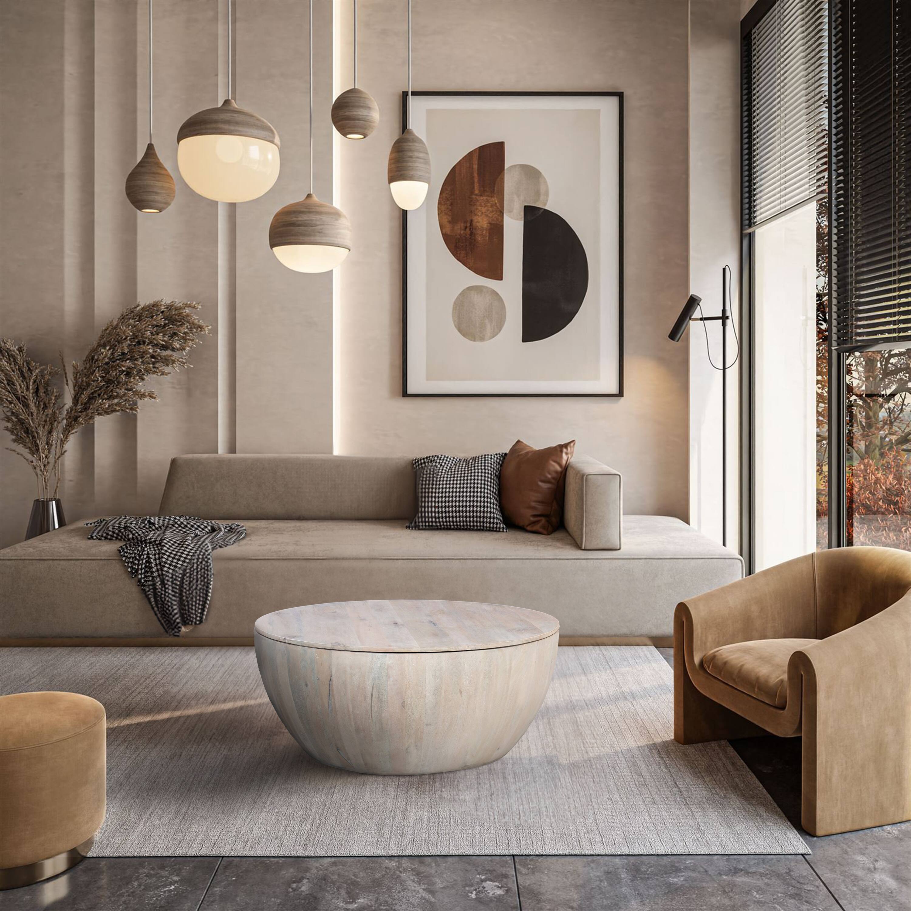 Alt View 10. Manhattan Lane - 37 Inch Round Coffee Table, Handcrafted Drum Shape with Storage, Washed White Mango Wood - White.