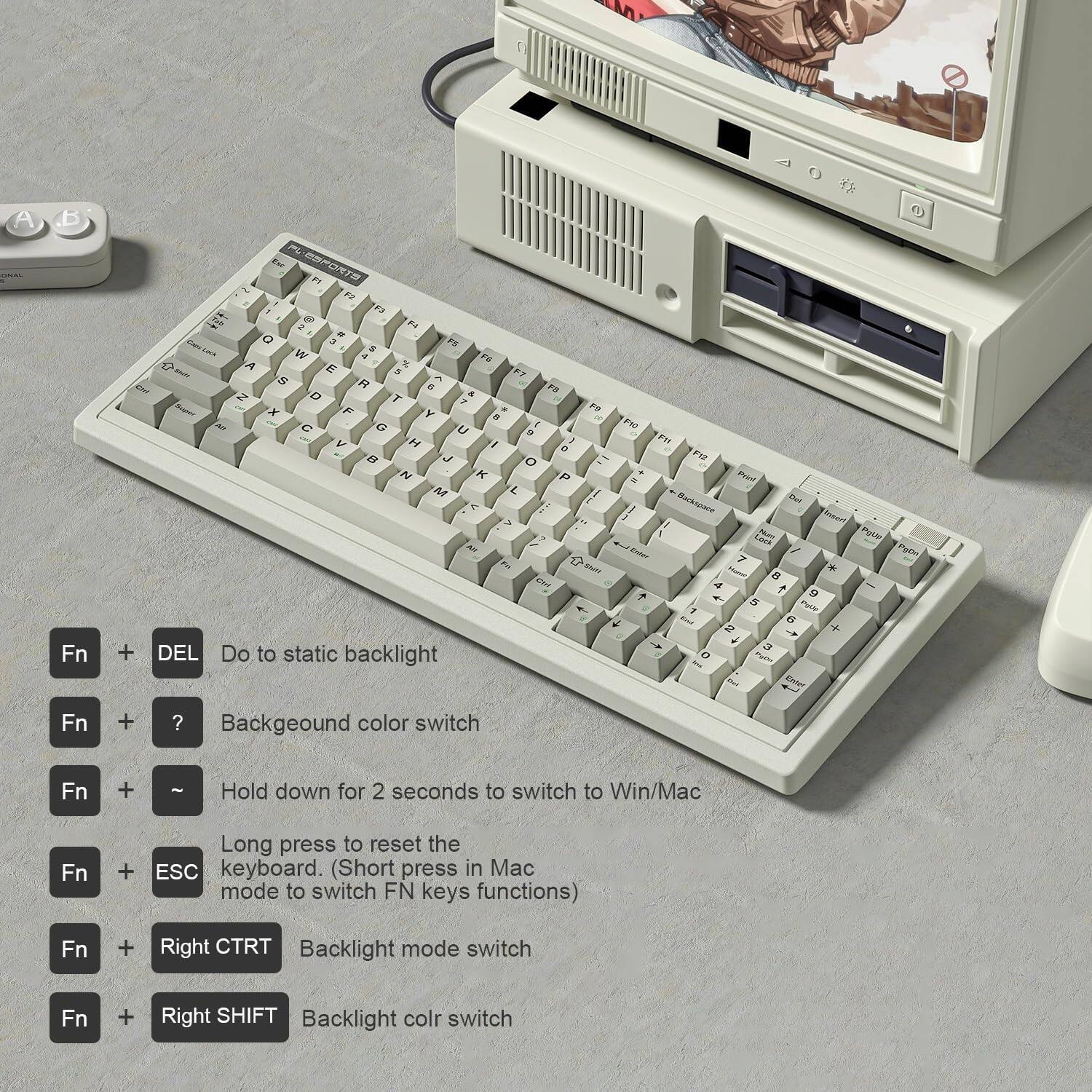 Fn + DEL: Do to static backlight  
Fn + ?: Background color switch  
Fn + ~: Hold down for 2 seconds to switch to Win/Mac  
Fn + ESC: Long press to reset the keyboard. (Short press in Mac mode to switch FN keys functions)  
Fn + Right CTRL: Backlight mode switch  
Fn + Right SHIFT: Backlight color switch