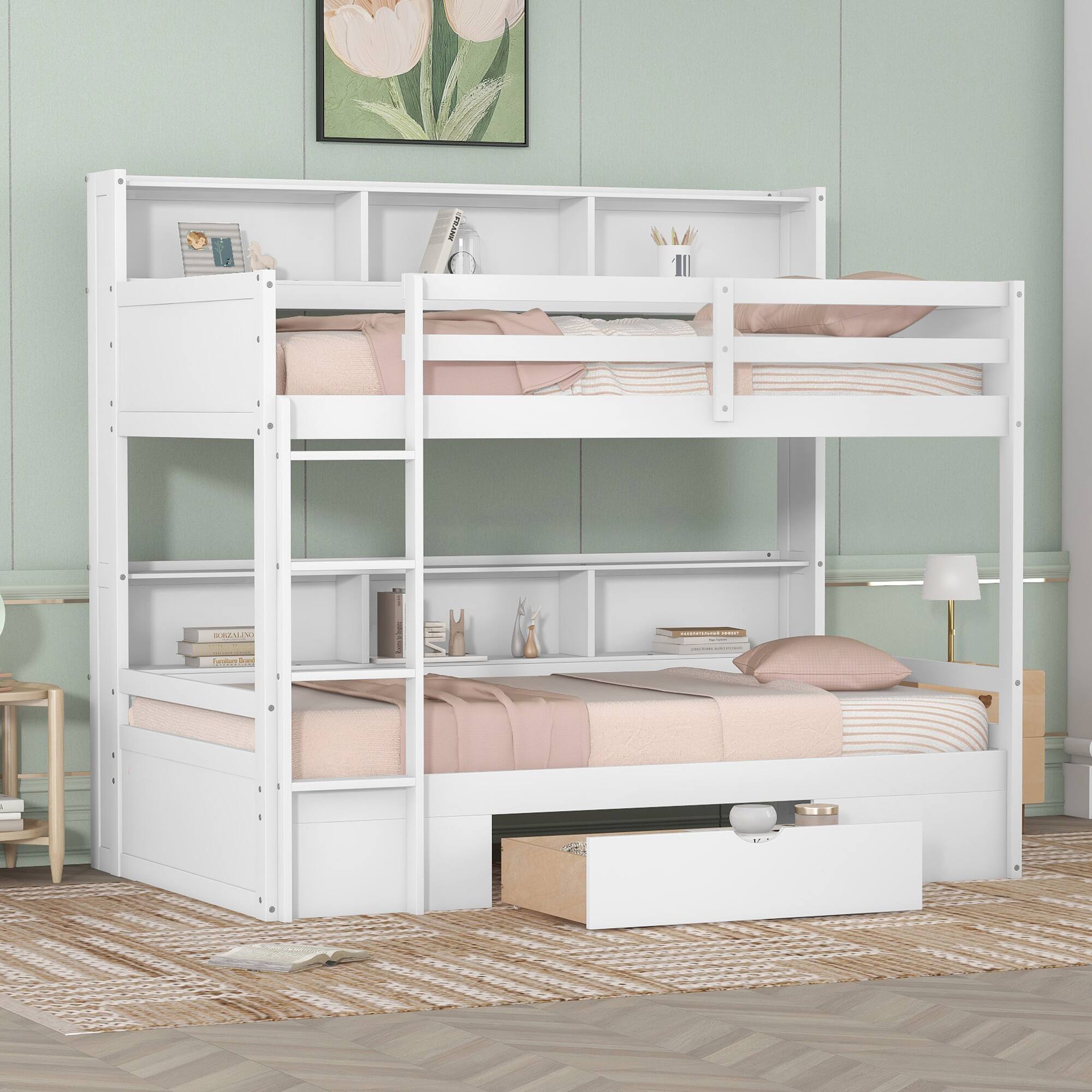 Front. Anysun - Twin Size Bunk Bed with Built-in Shelves & Storage Drawer, Space-Saving Wooden Bunk Bed for Kids or Dorm Room - White.