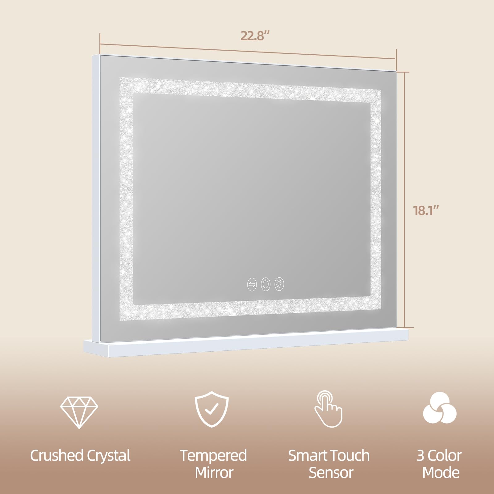 22.8" x 18.1" Crushed Crystal Tempered Mirror Smart Touch Sensor 3 Color Mode