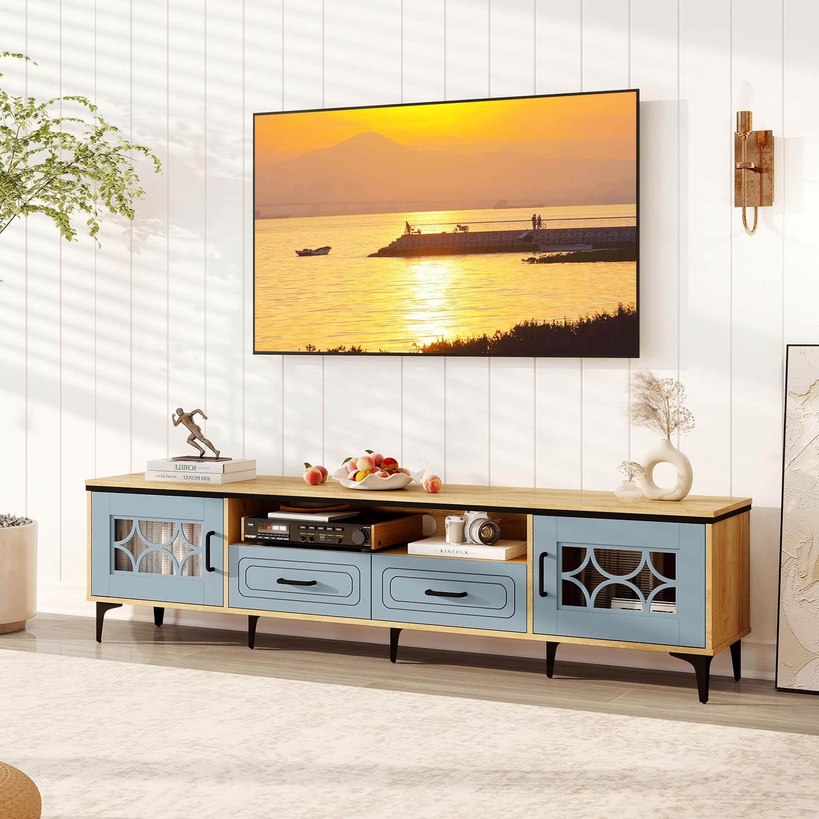 Ecooso - Farmhouse TV Stand for 80 Inch TVs with 2 Drawers and Extra Storage - Bluish Gray