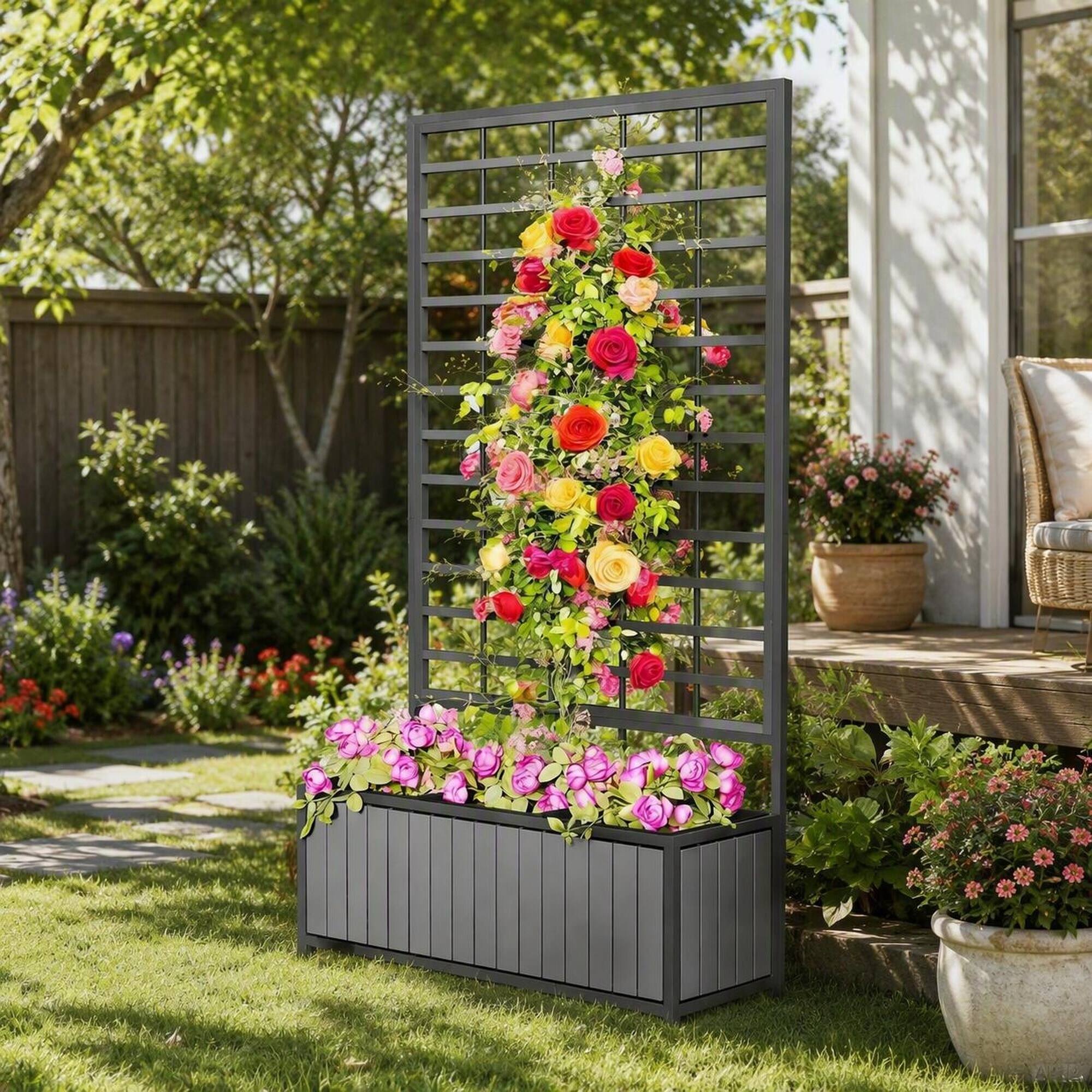 RYHNUYNE Acacia Wood Raised Garden Bed with Trellis for Climbing Plants ...