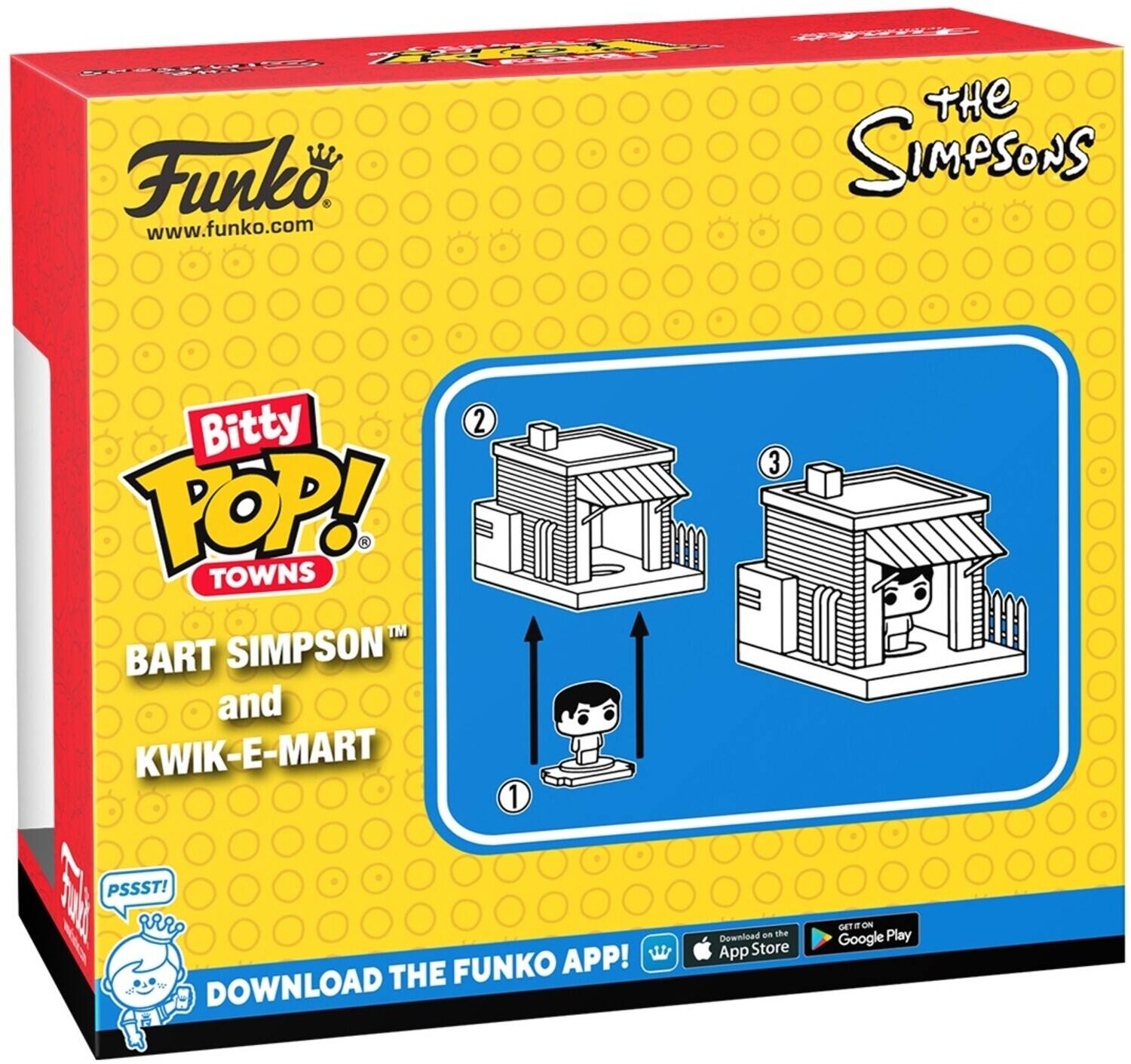 Sure, here is the corrected and grouped text from the image:

---

**Funko**  
www.funko.com

**Bitty Pop! Towns**  
**The Simpsons**  
**Bart Simpson™ and Kwik-E-Mart**

**PSSST!**  
**RRRROO**  
**DOWNLOAD THE FUNKO APP!**

**Download on the App Store**  
**GET IT ON Google Play**

---

This text is organized to reflect the layout and content of the image accurately.