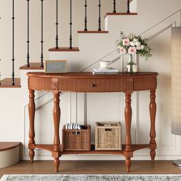 Loheer - solid wood half moon console table, rustic brown entryway table with drawer - Walnut