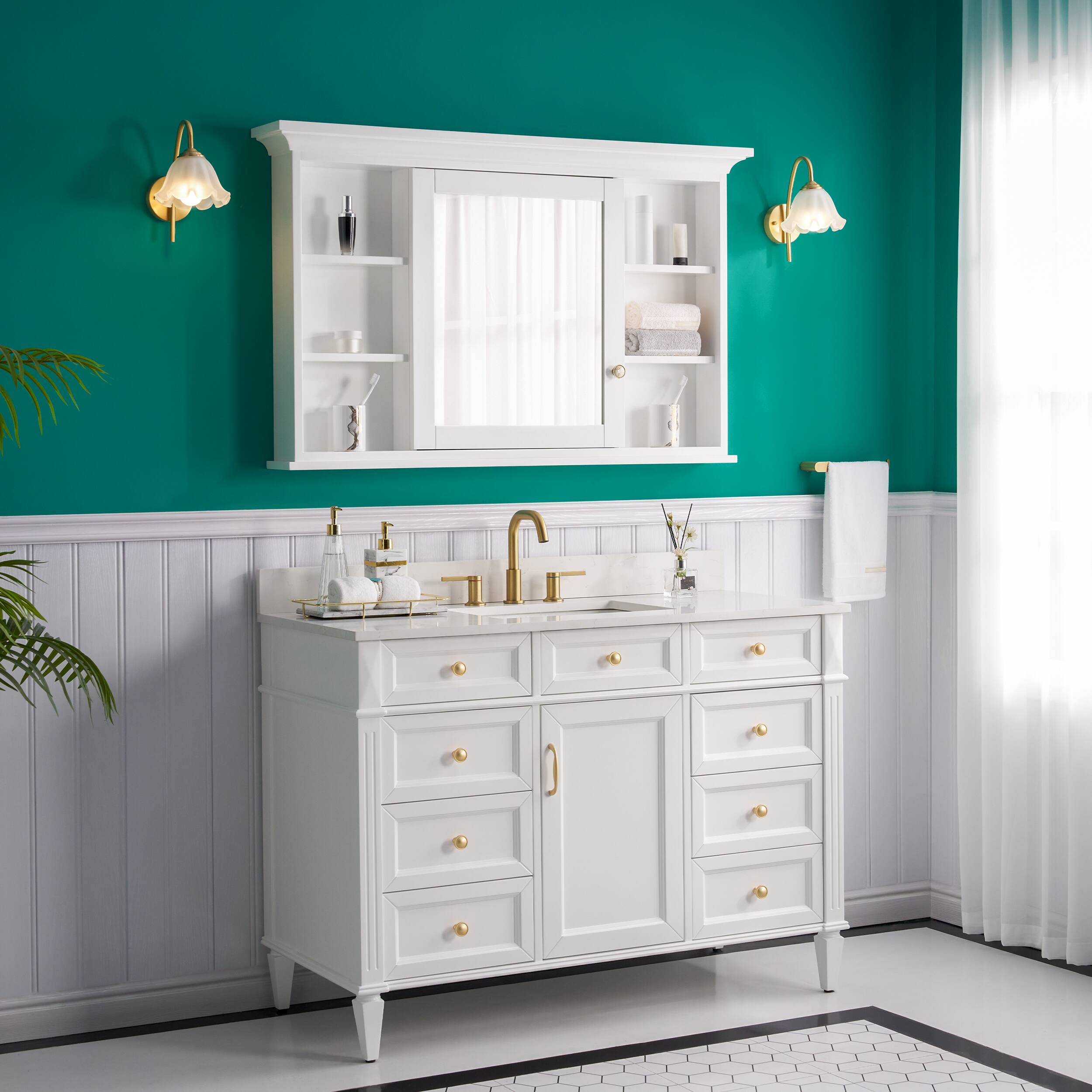 Alt View 7. WELLFOR - 48 in. W x 30 in. H Rectangular Solid Wood Medicine Cabinet with Mirror with Single Door - White.