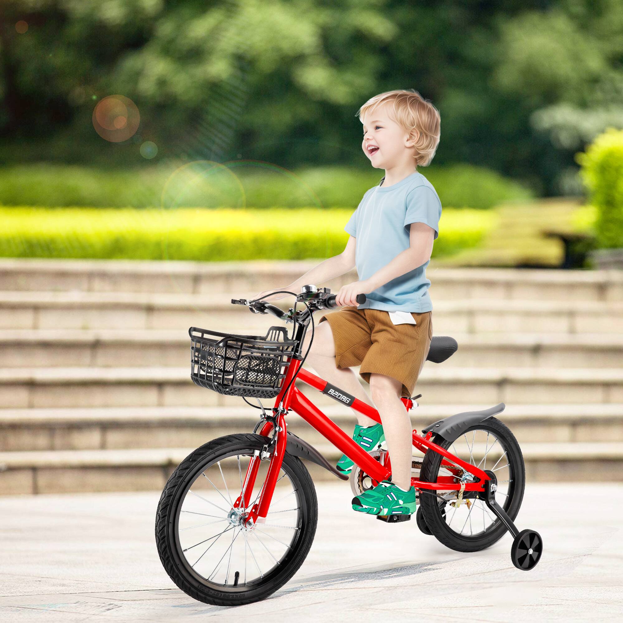Alt View 5. Topteng - 18" Kids Bike with Training Wheels & Basket - Adjustable Seat, Dual Brakes, High-Carbon Steel Frame, Red for Toddlers​ - Red.