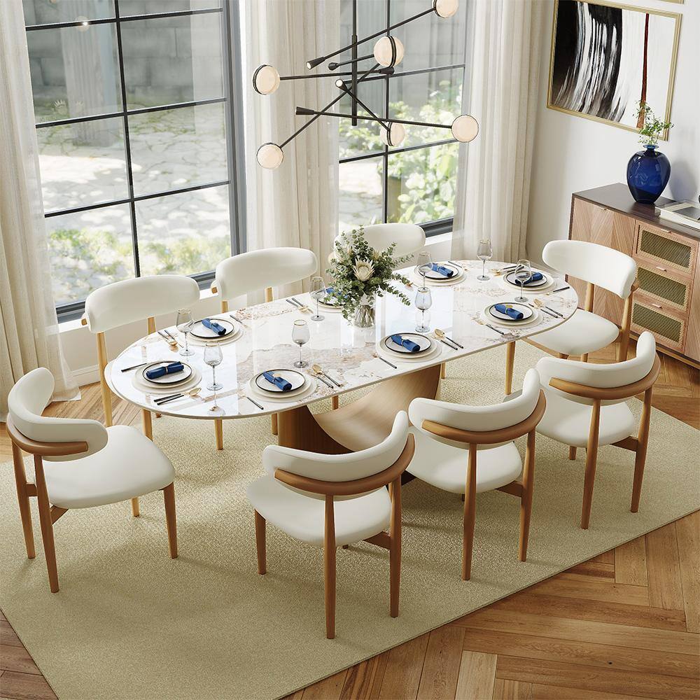 Left. POVISON - Mid-Century Modern Wood Dining Chairs Set of 2（PU Leather，Beige & Light  Walnut） - Beige & Light Walnut.