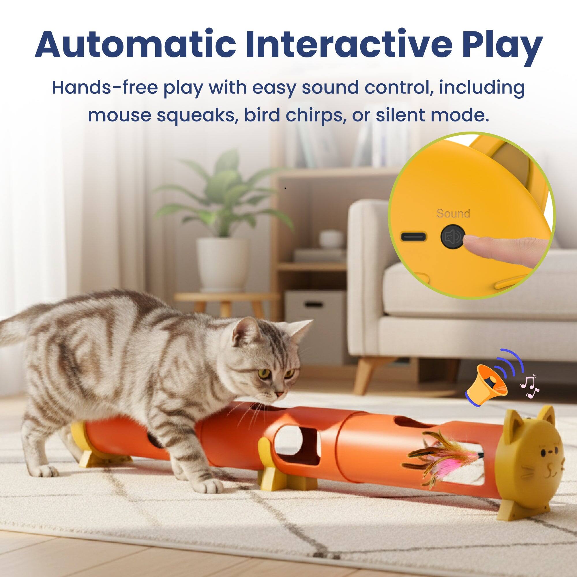 Automatic Interactive Play  
Hands-free play with easy sound control, including mouse squeaks, bird chirps, or silent mode.