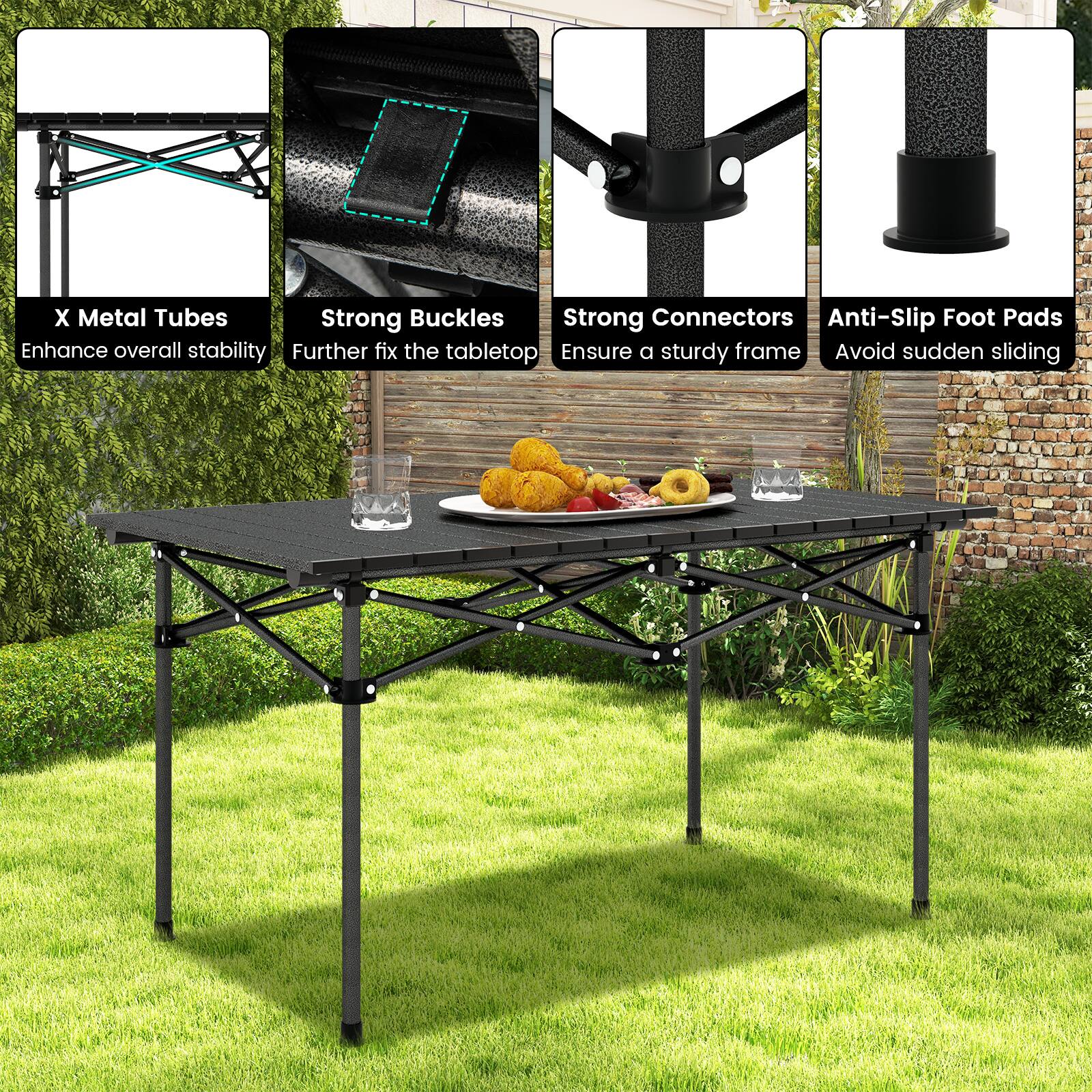 The image features a table with a variety of accessories, including X Metal Tubes, Strong Buckles, Strong Connectors, Anti-slip Foot Pads, and a tabletop. These accessories are designed to enhance the overall stability of the table, ensuring a sturdy frame and preventing sudden sliding. The table is set up in a grassy area, making it an ideal outdoor dining or gathering space.
