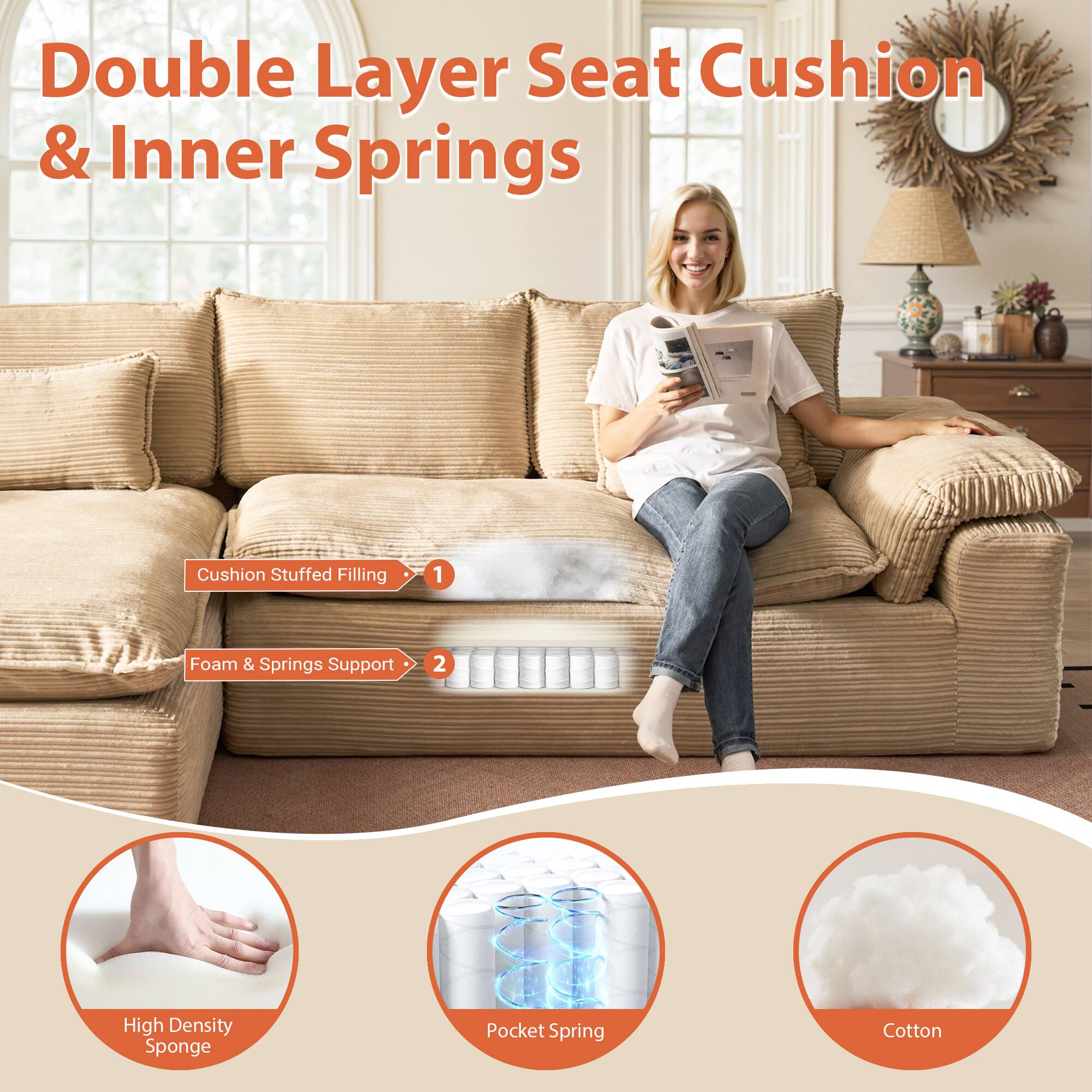 Double Layer Seat Cushion & Inner Springs

1. Cushion Stuffed Filling
2. Foam & Springs Support

- High Density Sponge
- Pocket Spring
- Cotton